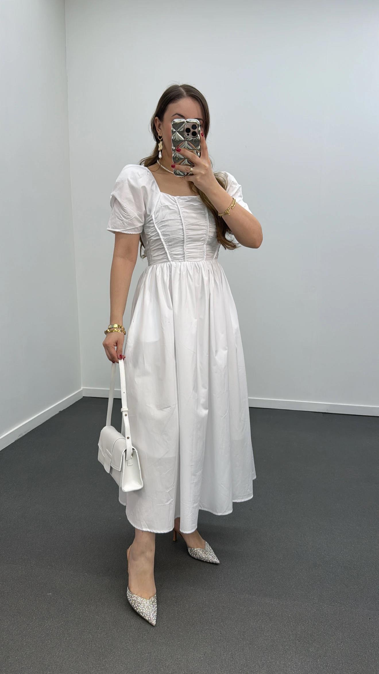 Milas Beyaz Gipeli Balon Kol Midi Elbise