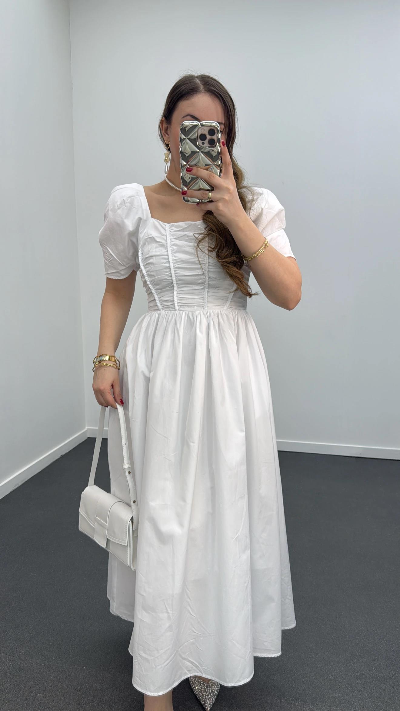 Milas Beyaz Gipeli Balon Kol Midi Elbise