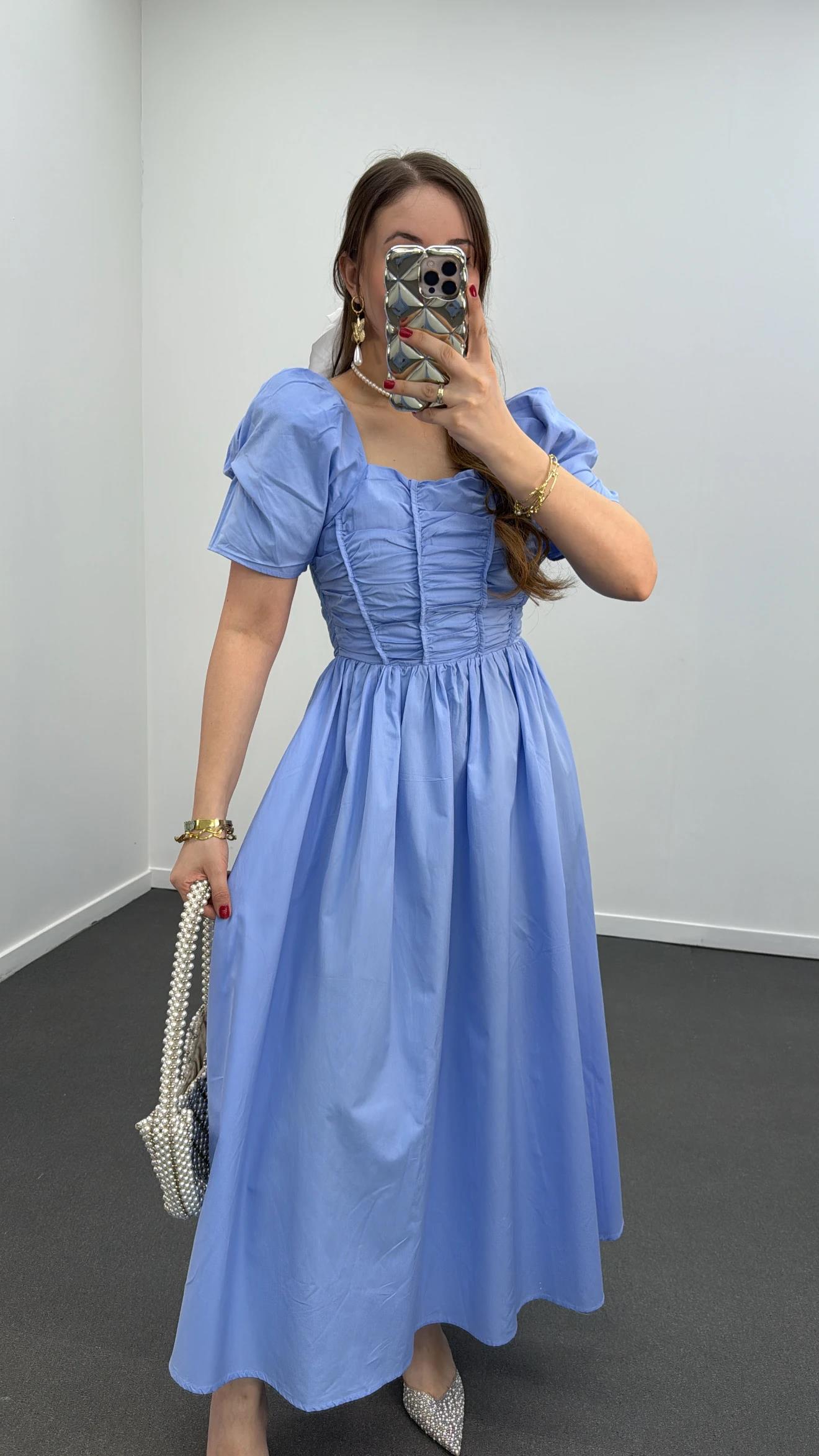 Milas Mavi Gipeli Balon Kol Midi Elbise