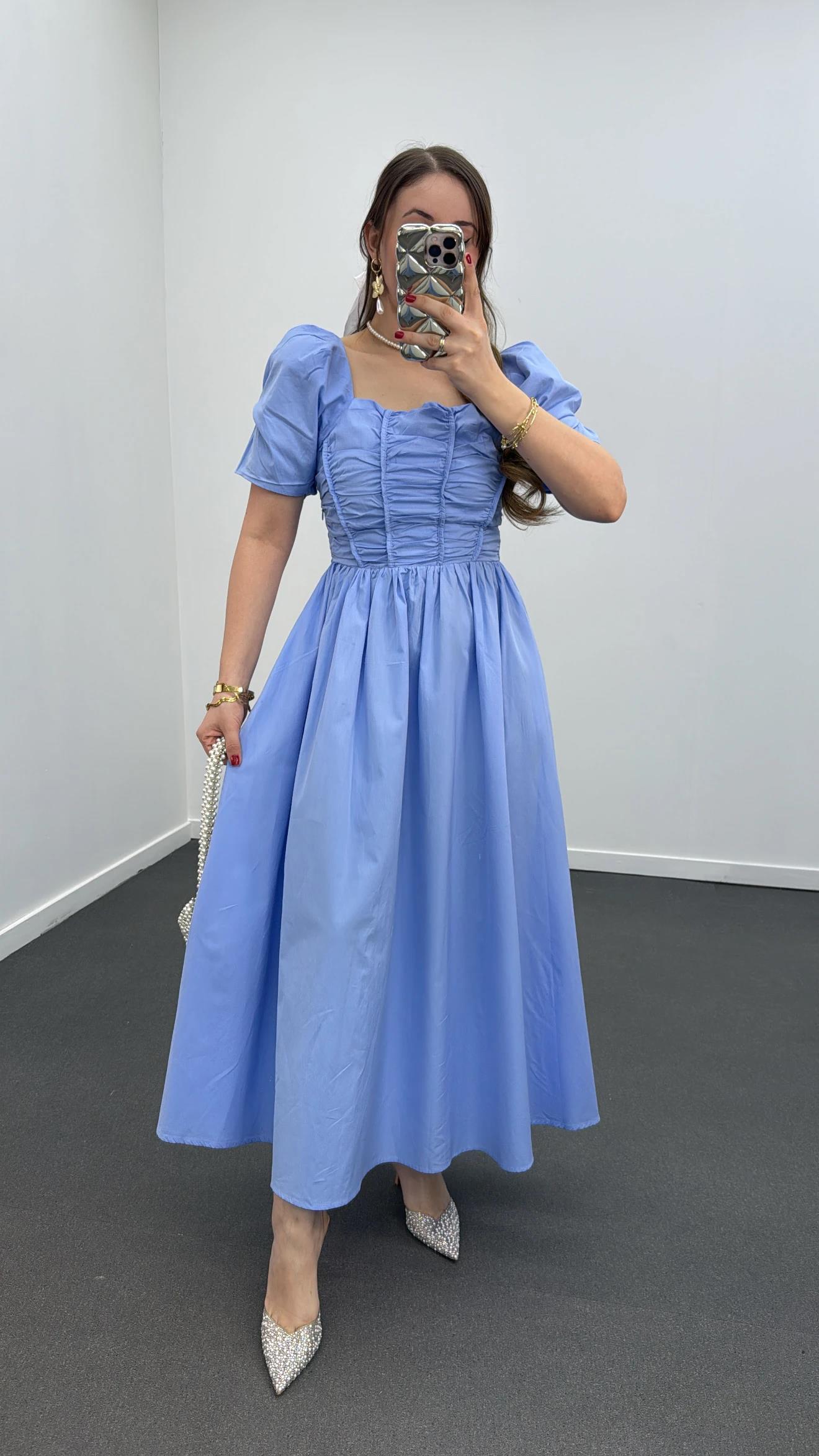 Milas Mavi Gipeli Balon Kol Midi Elbise