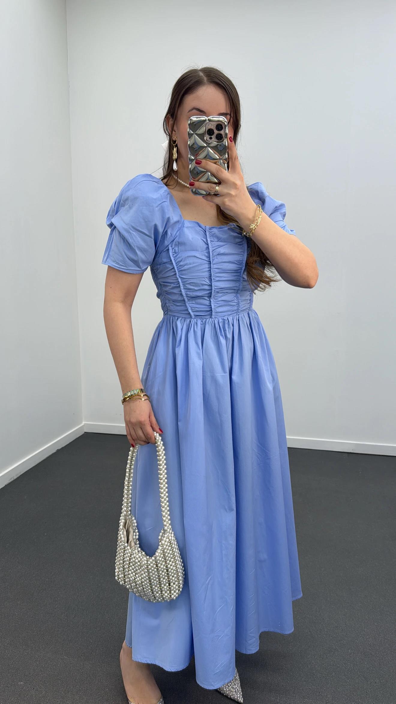 Milas Mavi Gipeli Balon Kol Midi Elbise