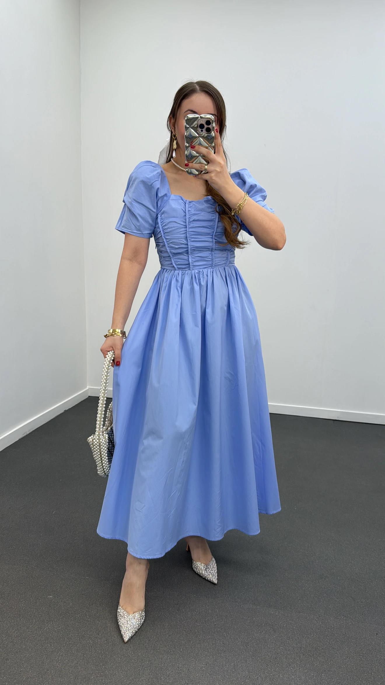 Milas Mavi Gipeli Balon Kol Midi Elbise