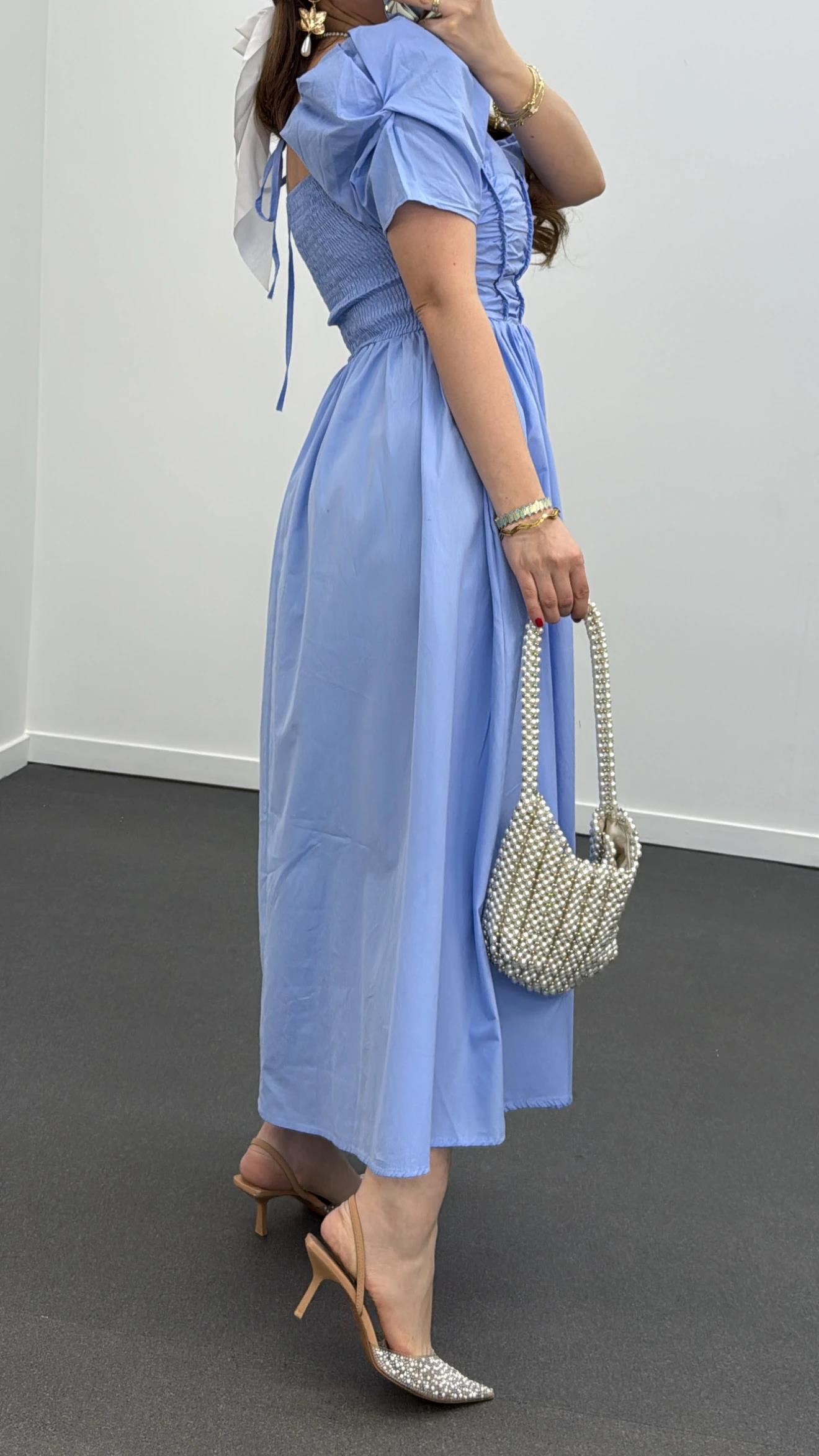 Milas Mavi Gipeli Balon Kol Midi Elbise