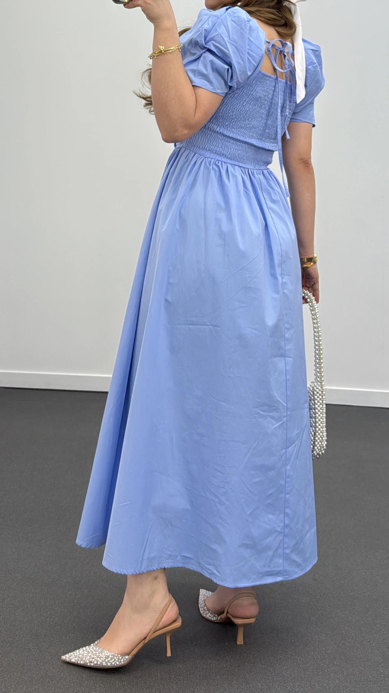 Milas Mavi Gipeli Balon Kol Midi Elbise