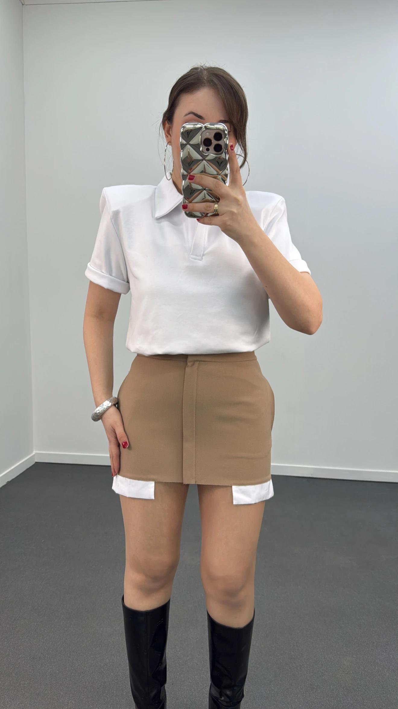 Minnie Cep Torbası Detaylı Bej Etek