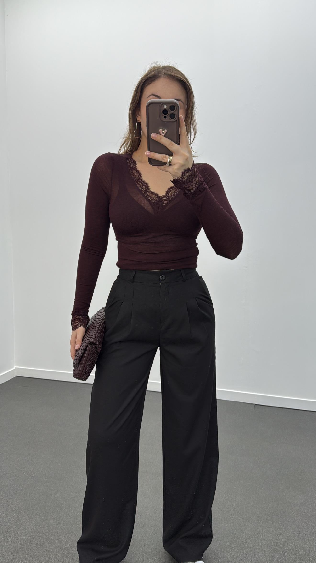 Mirella Çift Pileli Siyah Palazzo Pantolon