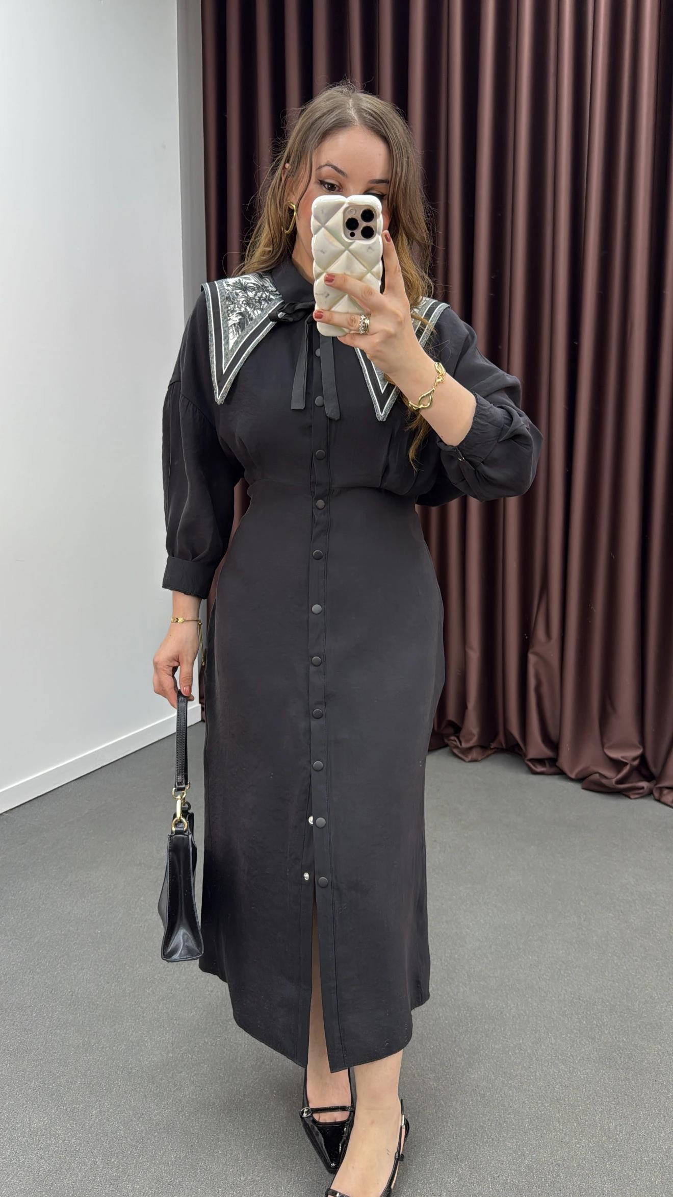 Mişa Siyah Tensel Modal Kumaşlı Maxi Elbise