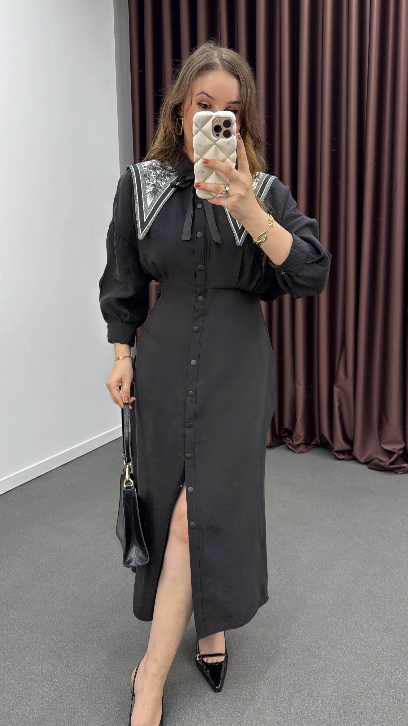 Mişa Siyah Tensel Modal Kumaşlı Maxi Elbise