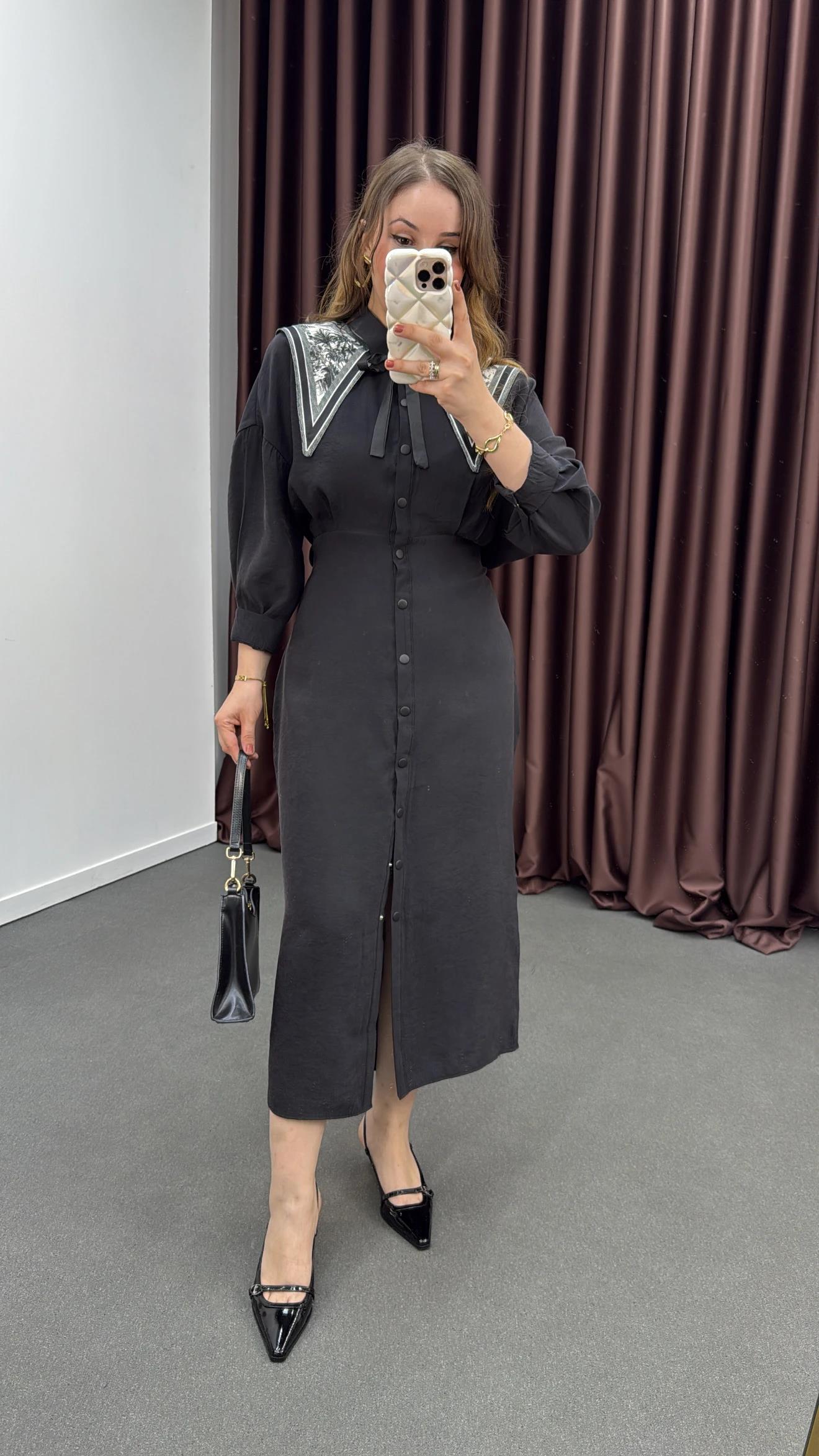 Mişa Siyah Tensel Modal Kumaşlı Maxi Elbise