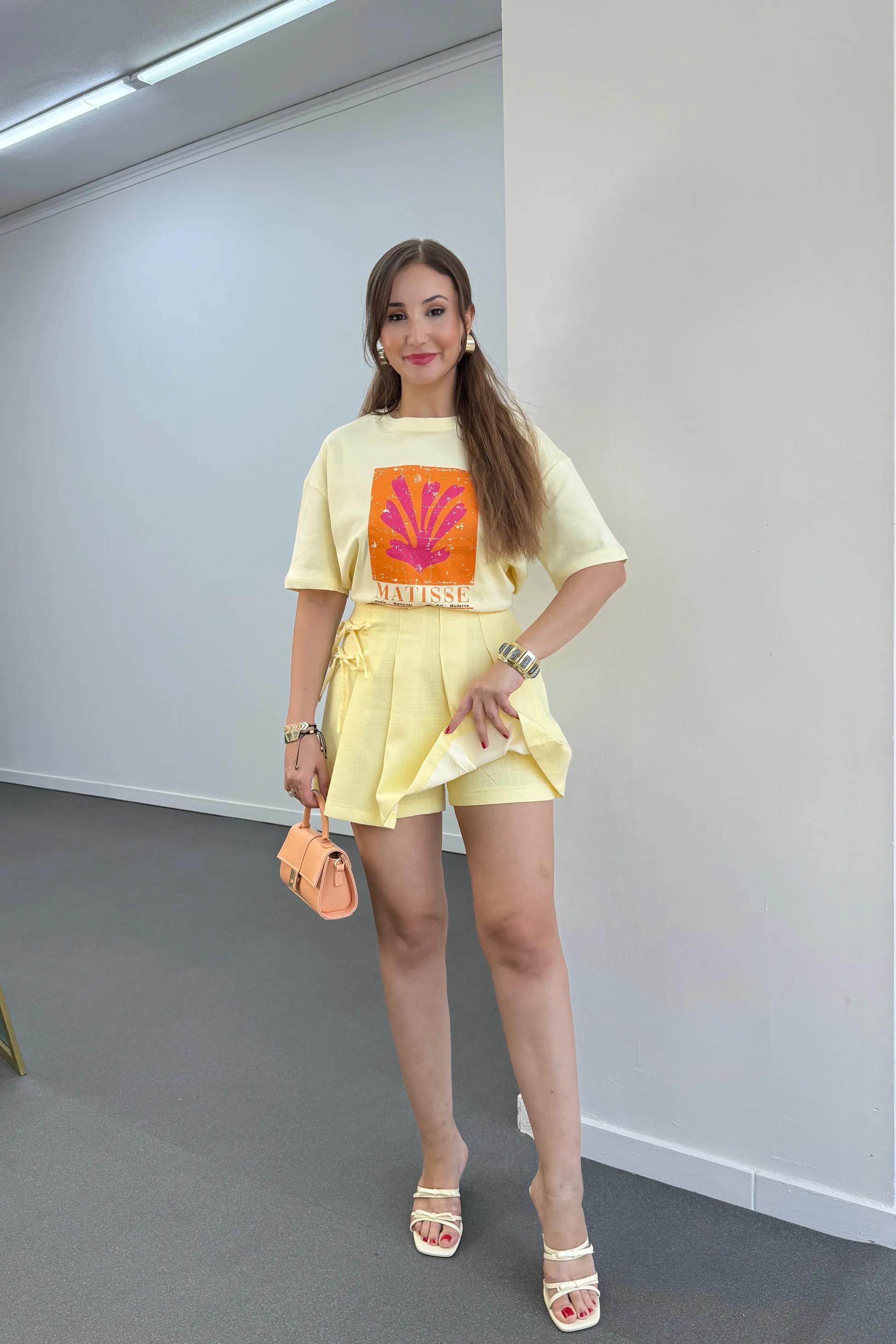 Misty Sarı Fiyonk Bağlamalı Pileli Şort Etek