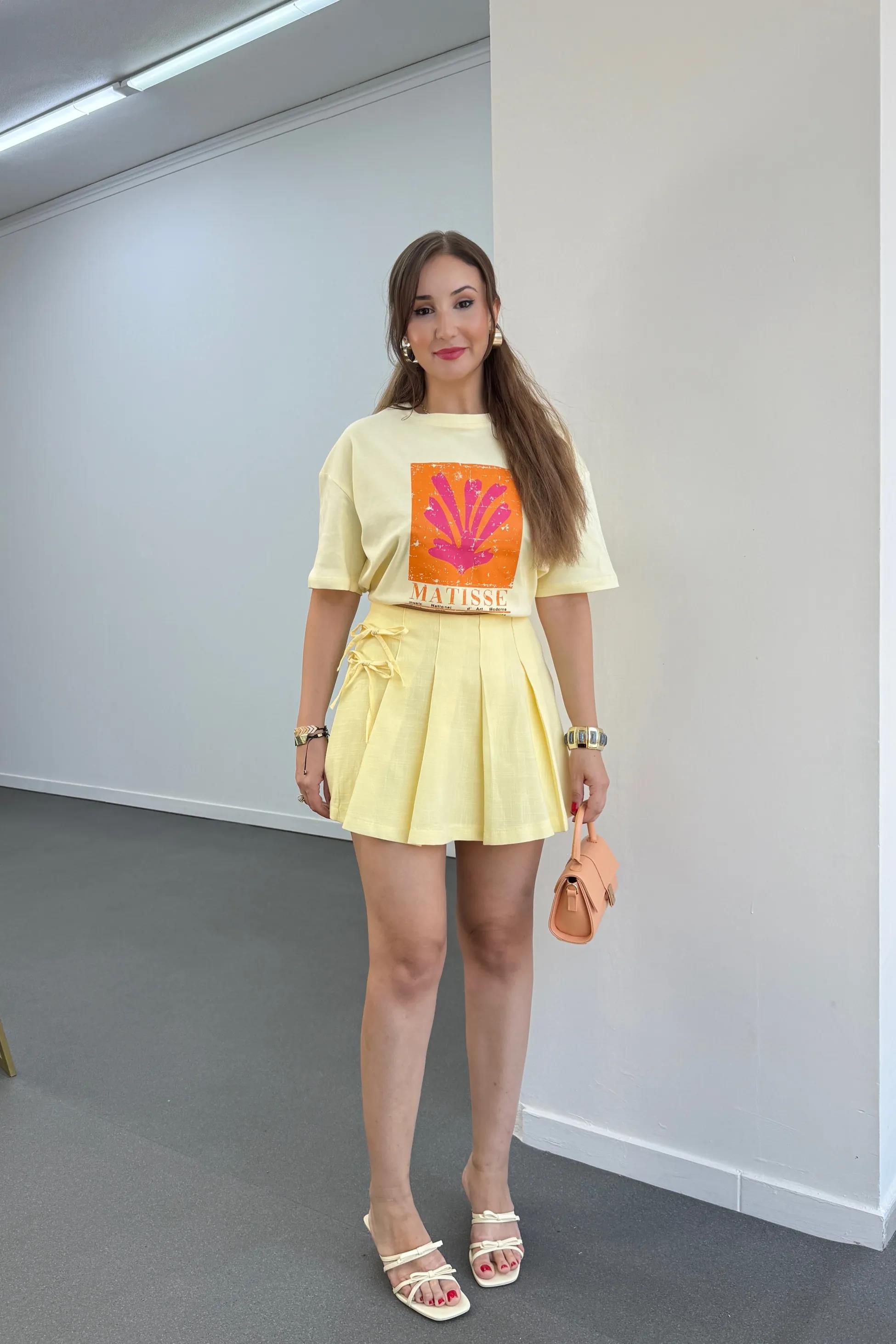 Misty Sarı Fiyonk Bağlamalı Pileli Şort Etek