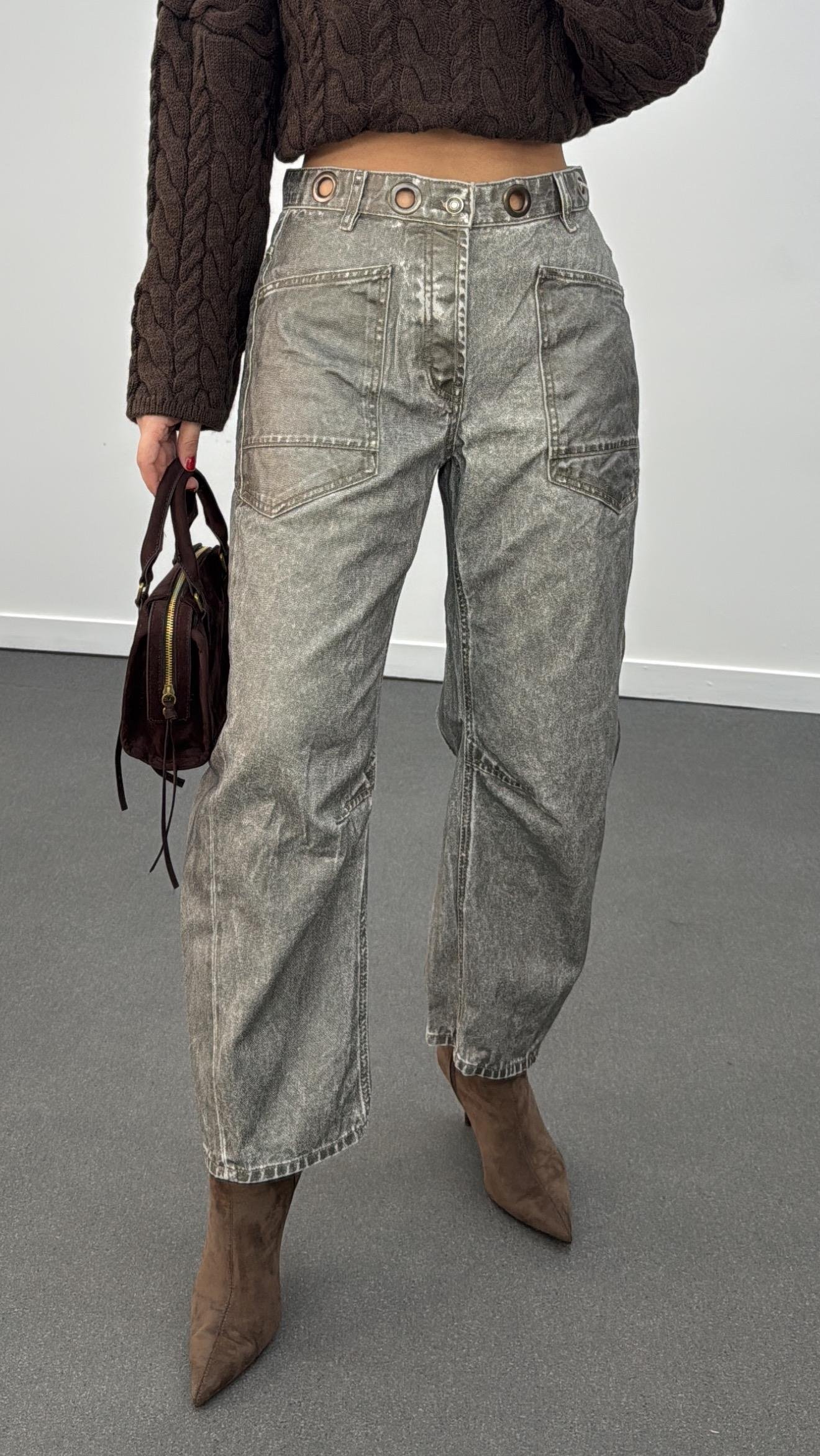 Moirenn Haki Kaplama Barrel Fit Jeans