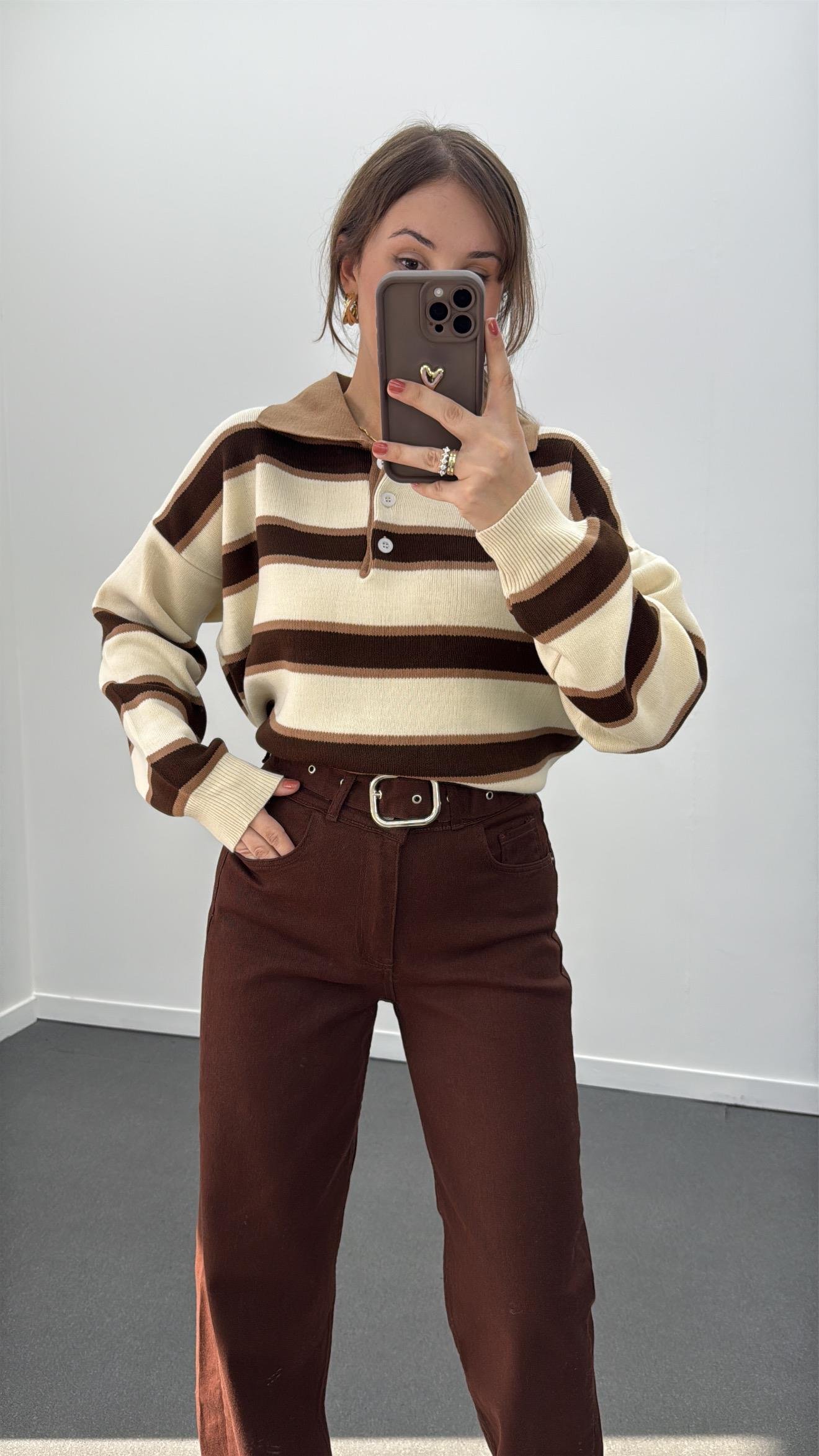 Momo Bej Kahve Çizgili Polo Yaka Triko