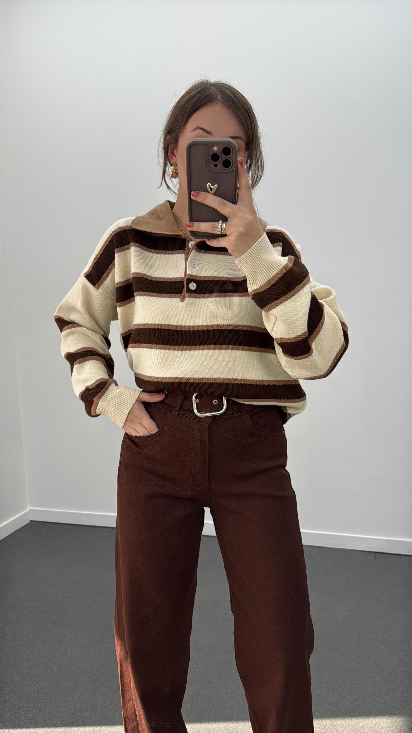 Momo Bej Kahve Çizgili Polo Yaka Triko