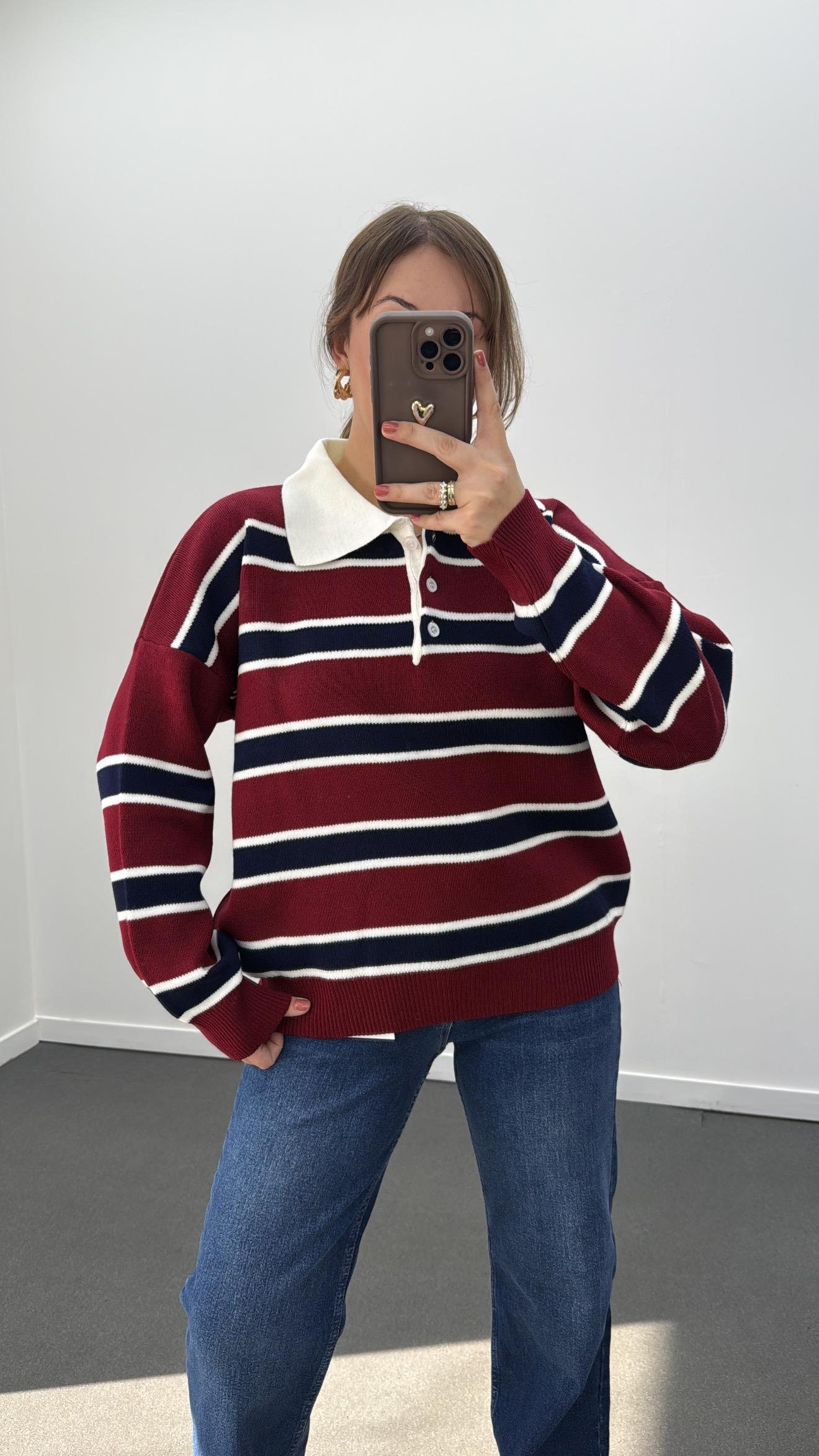 Momo Bordo Lacivert Çizgili Polo Yaka Triko