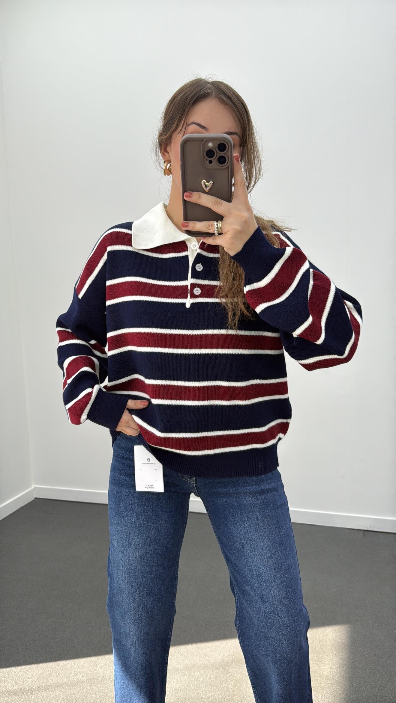 Momo Lacivert Bordo Çizgili Polo Yaka Triko