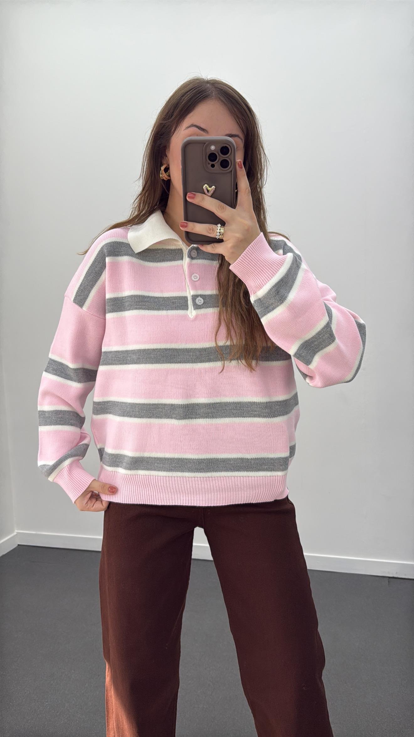 Momo Pembe Gri Çizgili Polo Yaka Triko