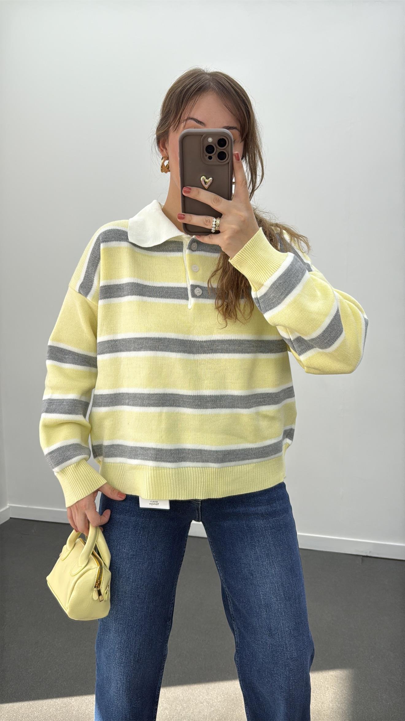 Momo Sarı Gri Çizgili Polo Yaka Triko