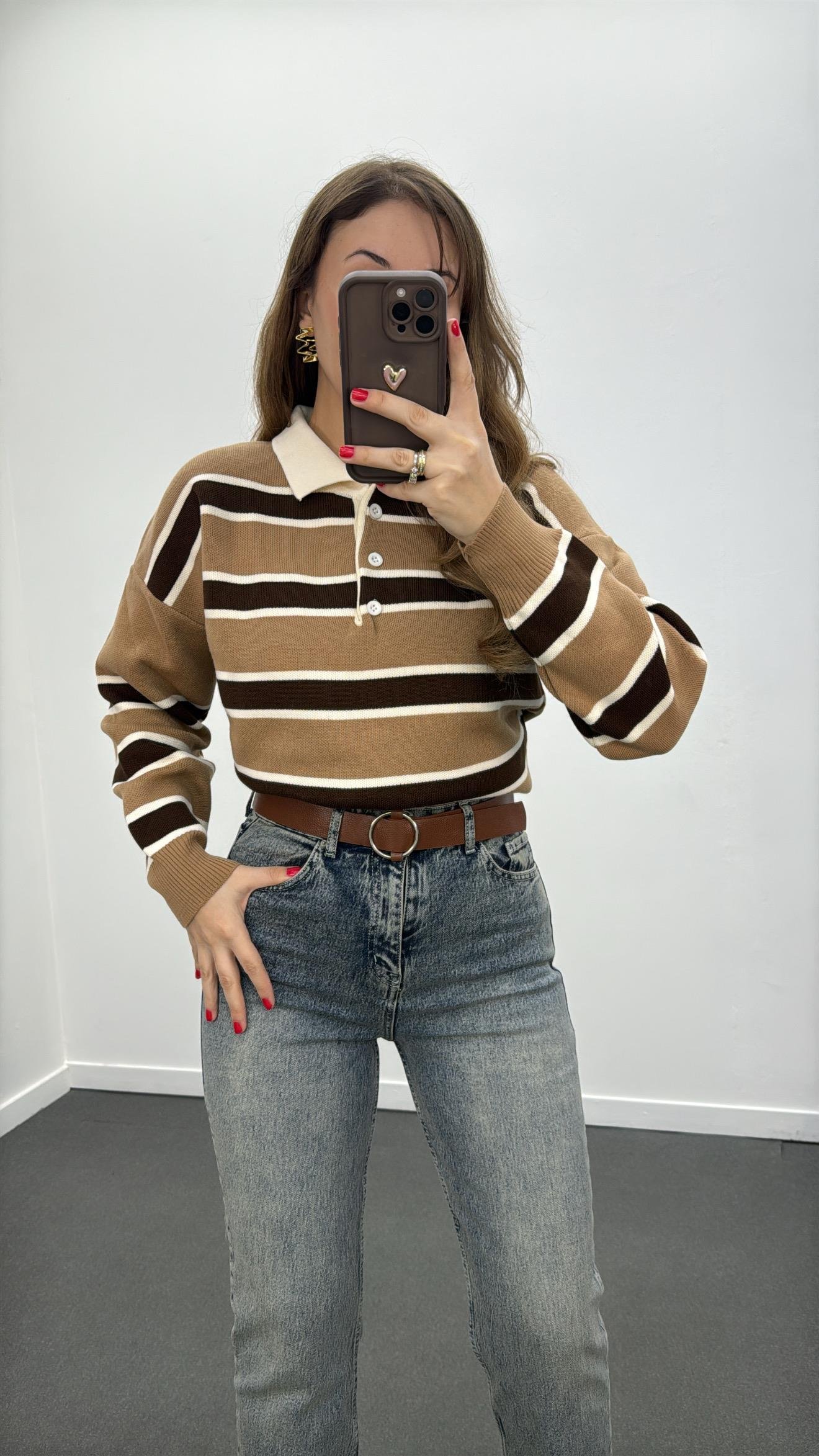 Momo Sütlü Kahve Çizgili Polo Yaka Triko