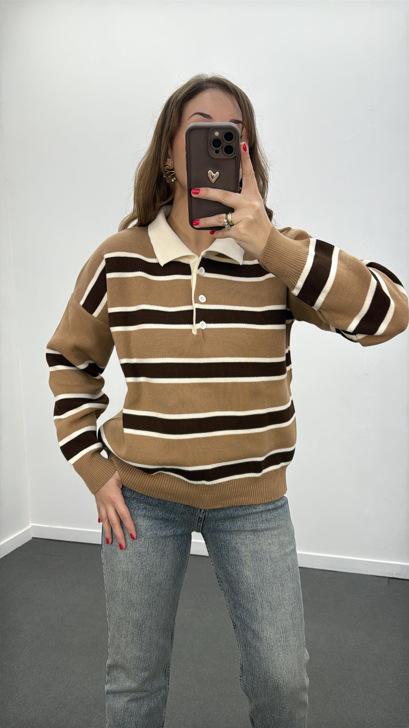 Momo Sütlü Kahve Çizgili Polo Yaka Triko