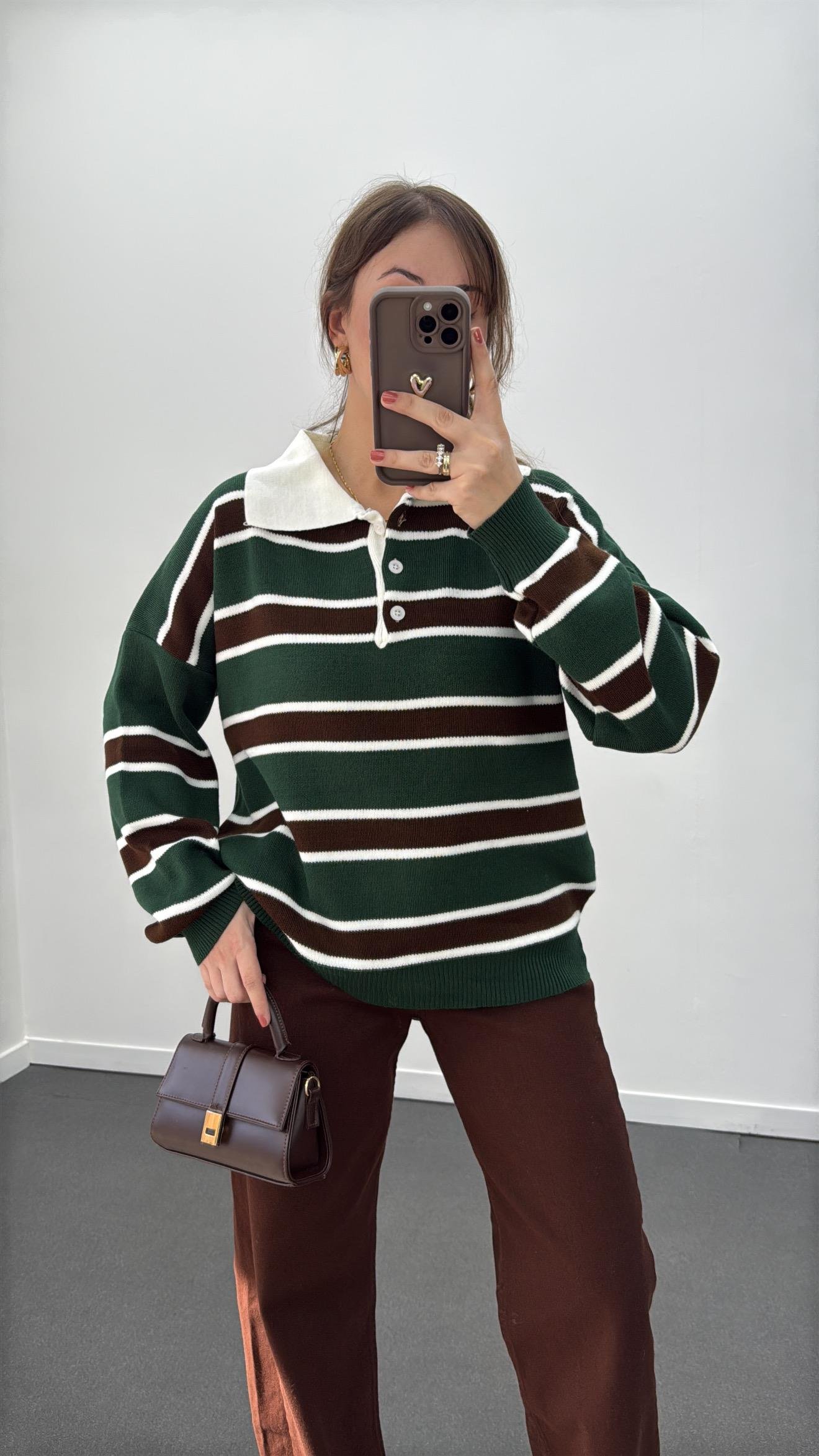 Momo Yeşil Kahve Çizgili Polo Yaka Triko