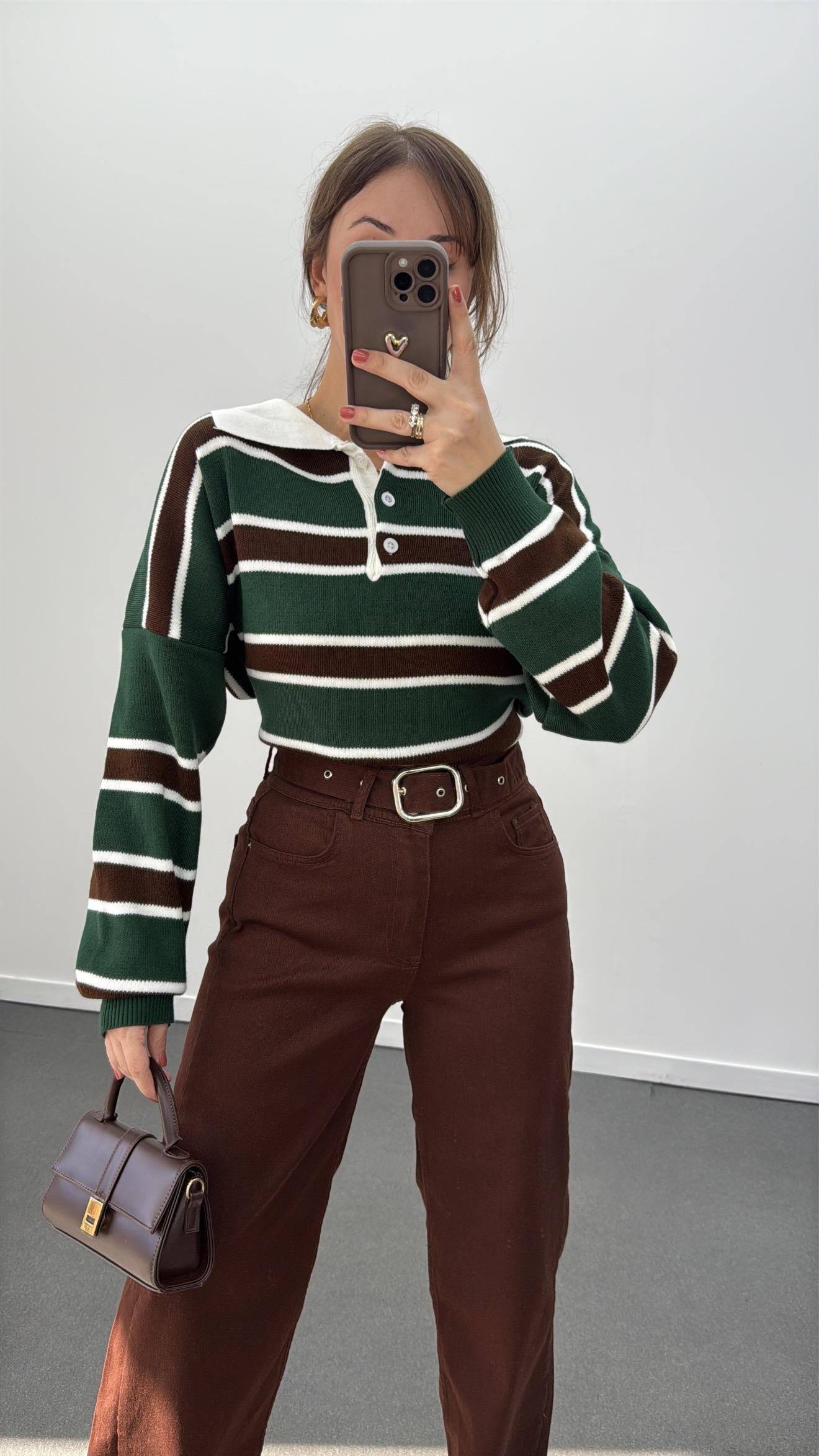 Momo Yeşil Kahve Çizgili Polo Yaka Triko