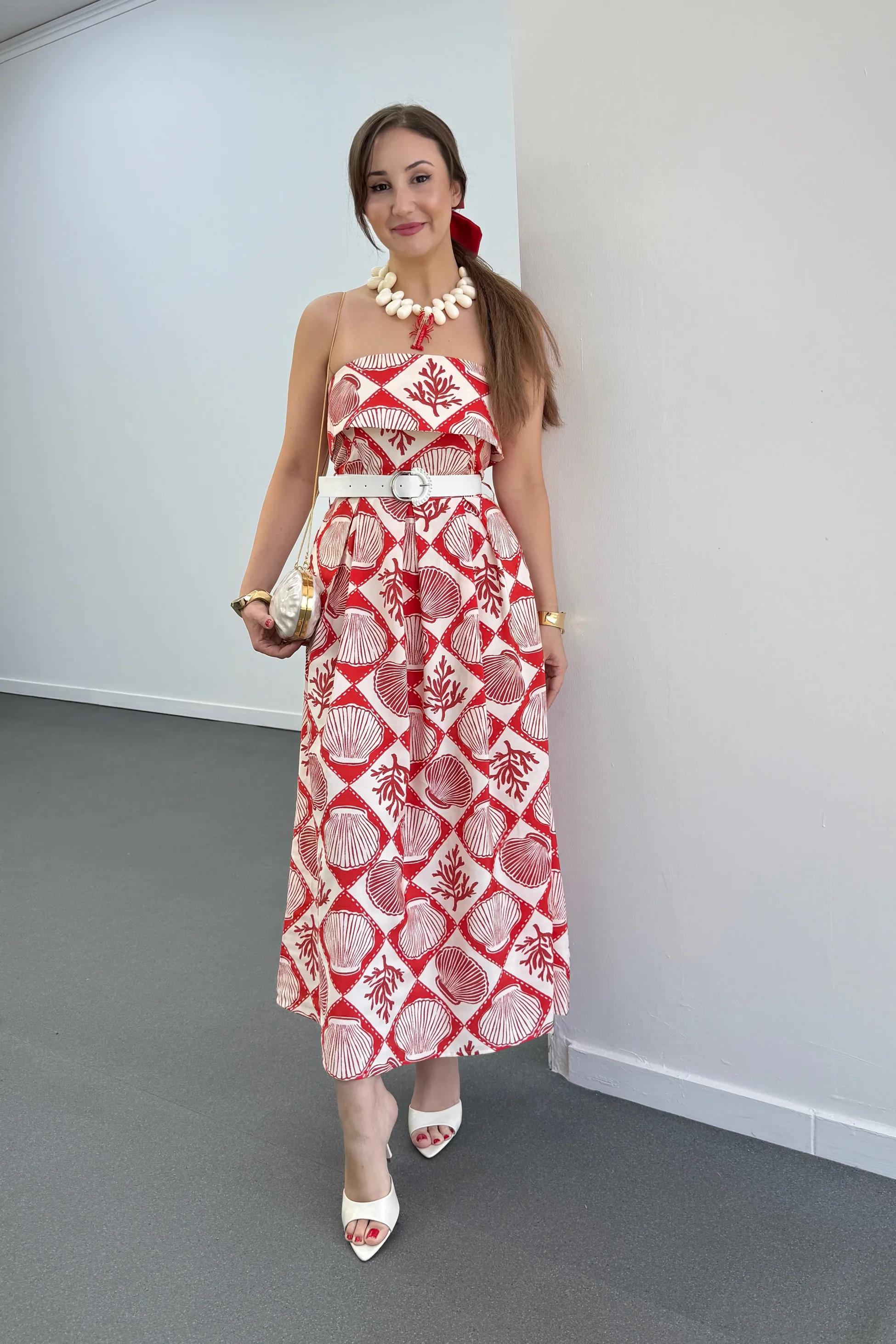 Morgan İstiridye Desenli Straplez Kemerli Elbise