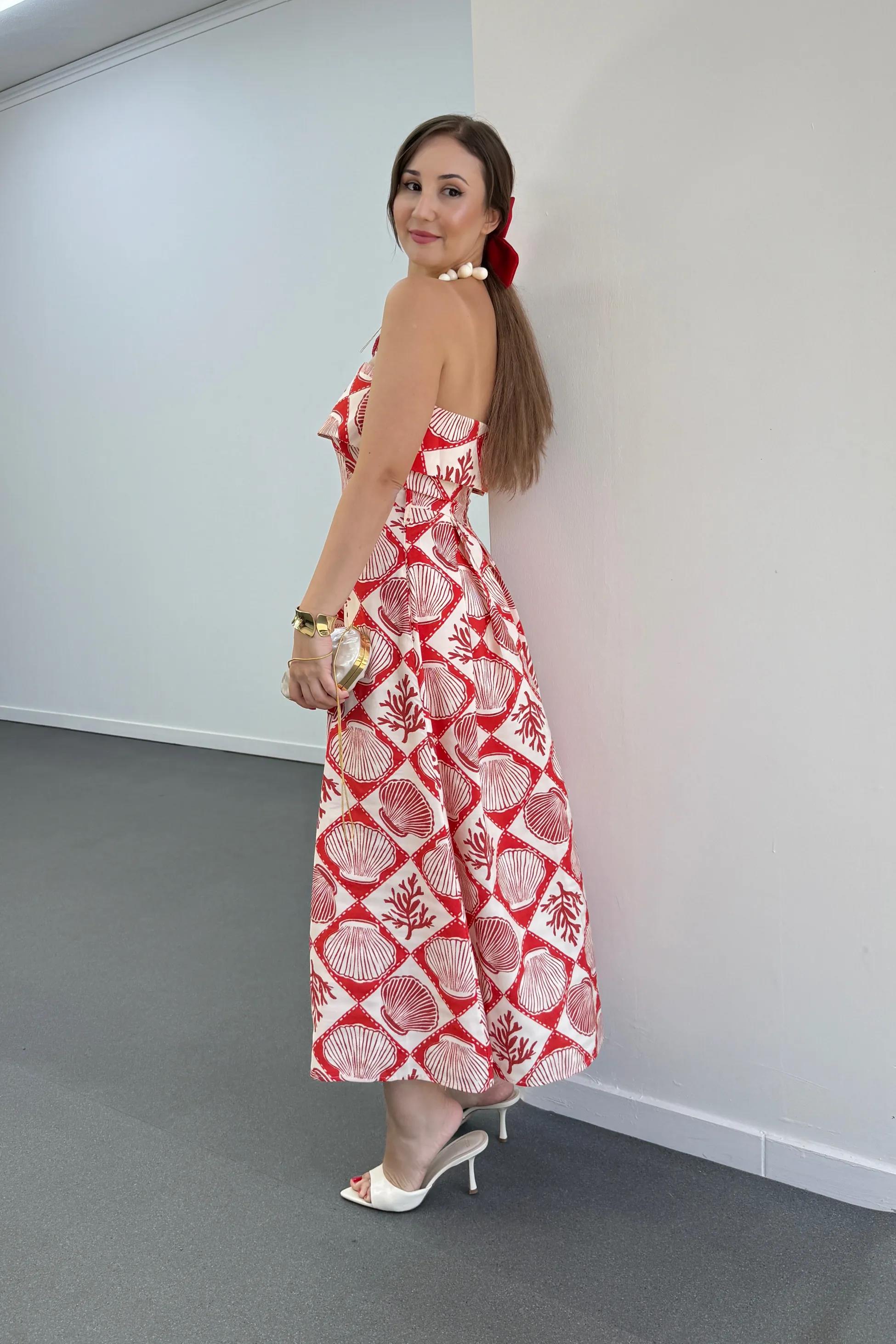 Morgan İstiridye Desenli Straplez Kemerli Elbise