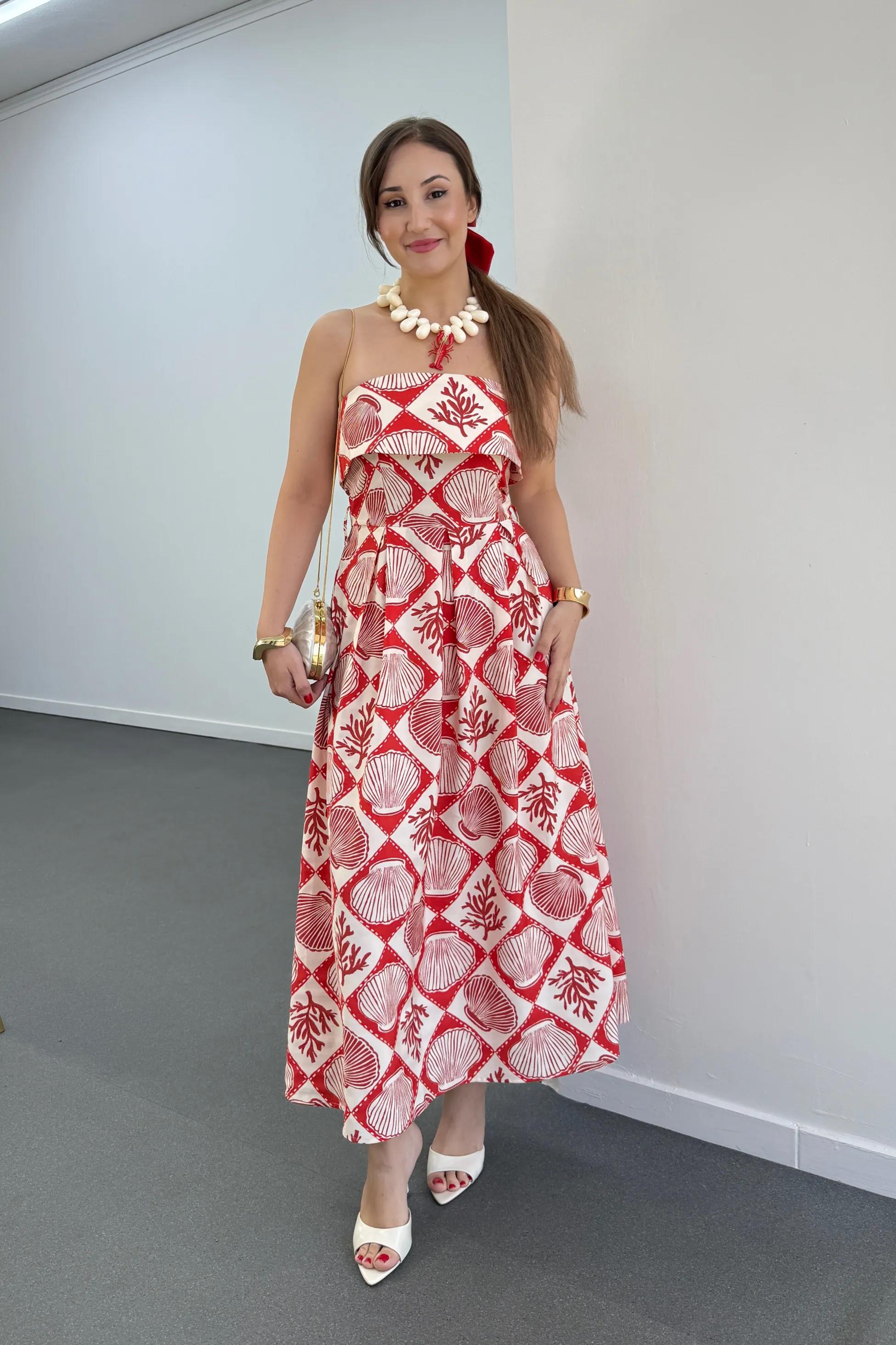 Morgan İstiridye Desenli Straplez Kemerli Elbise