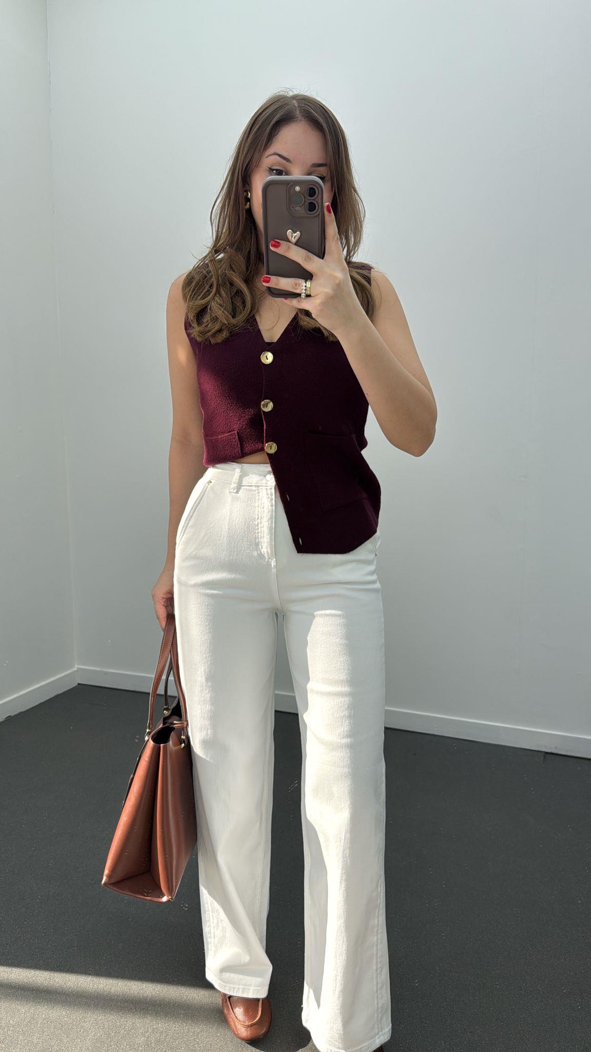 Mp Beyaz Premium Yarım Cepli Wide Leg Jean