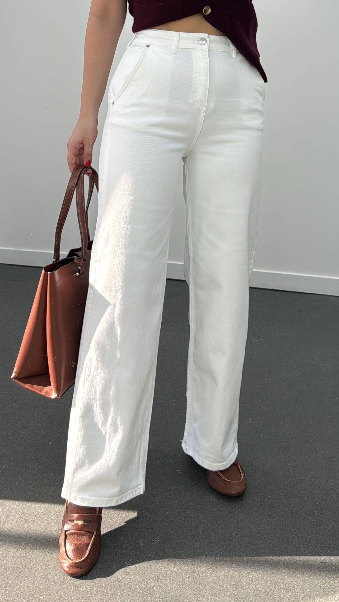 Mp Beyaz Premium Yarım Cepli Wide Leg Jean