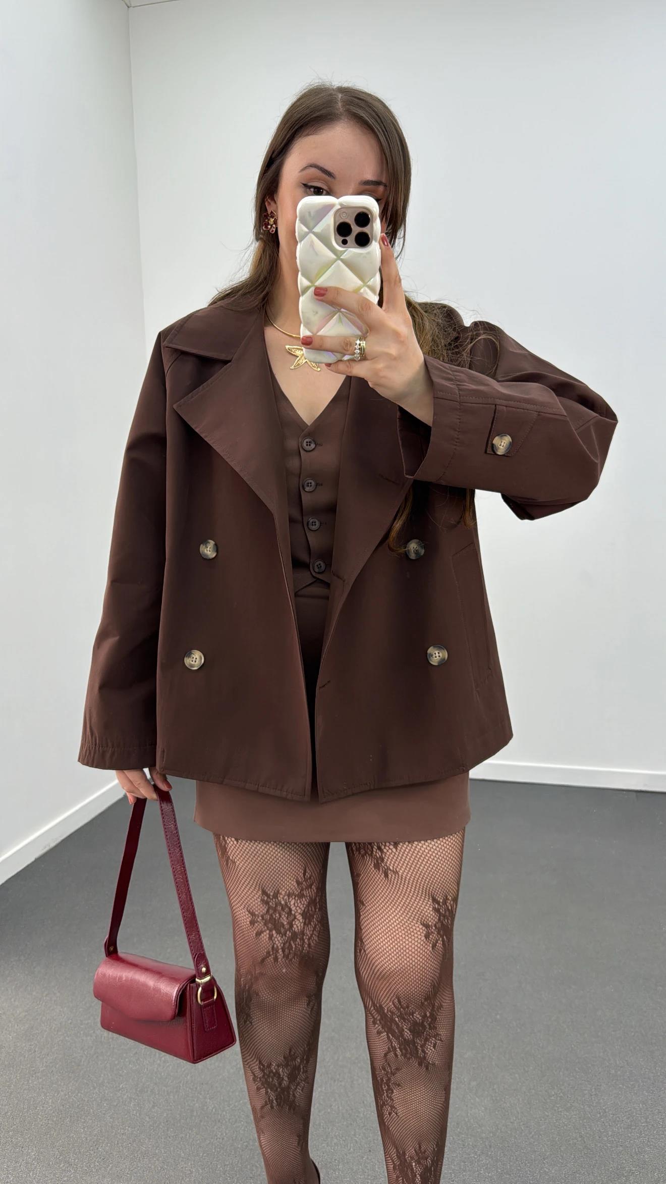 MS Acı Kahve Düğmeli Premium Trençkot