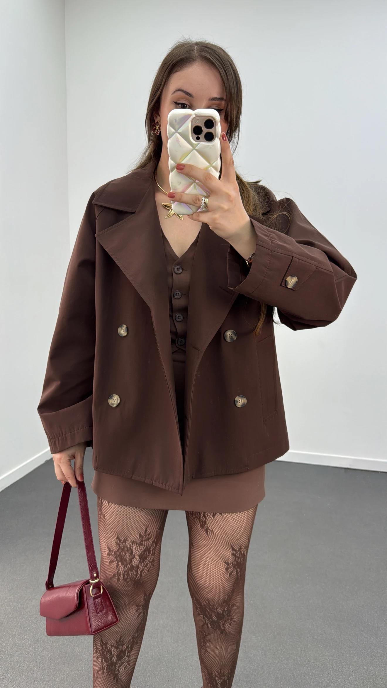 MS Acı Kahve Düğmeli Premium Trençkot