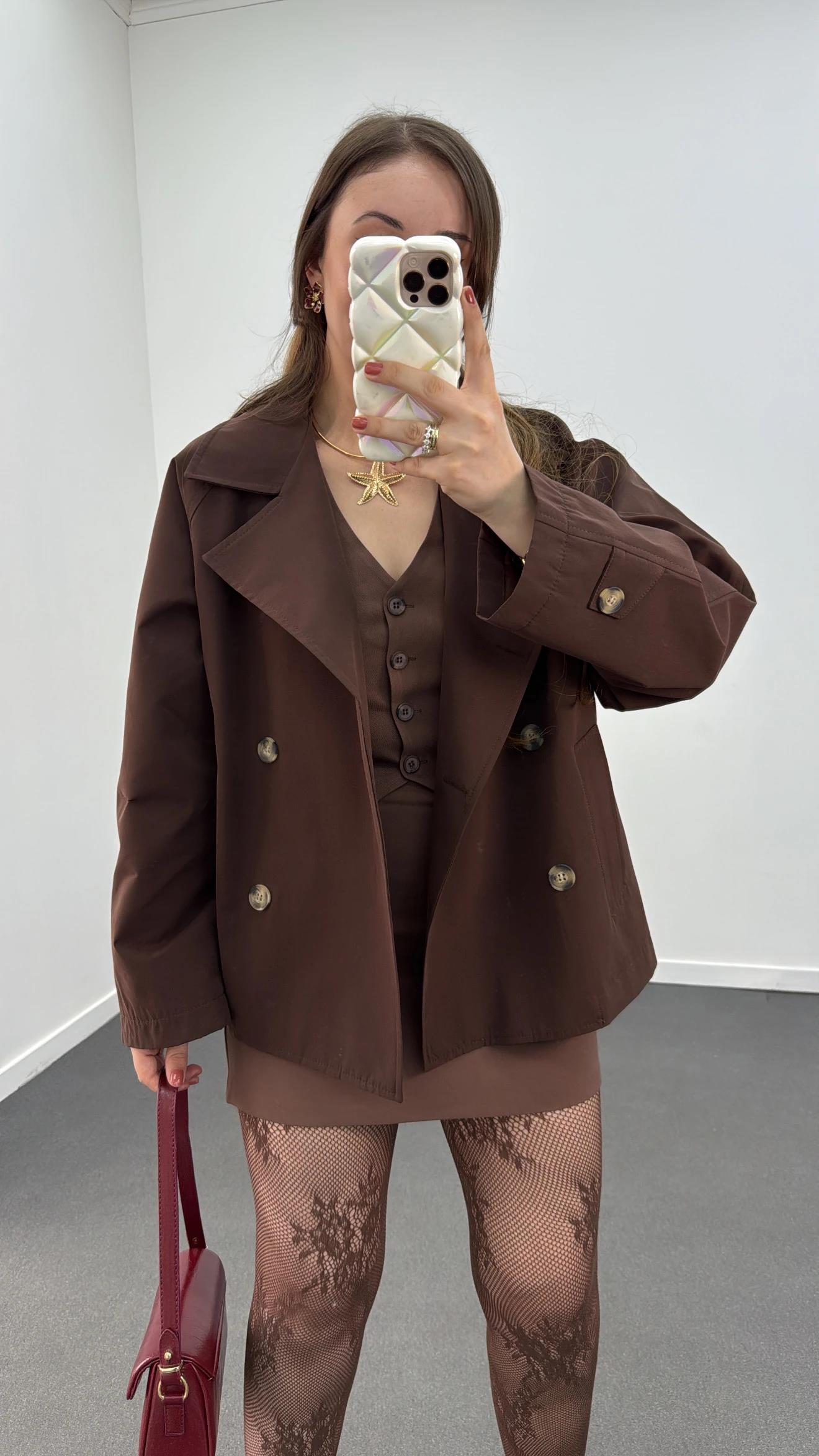 MS Acı Kahve Düğmeli Premium Trençkot