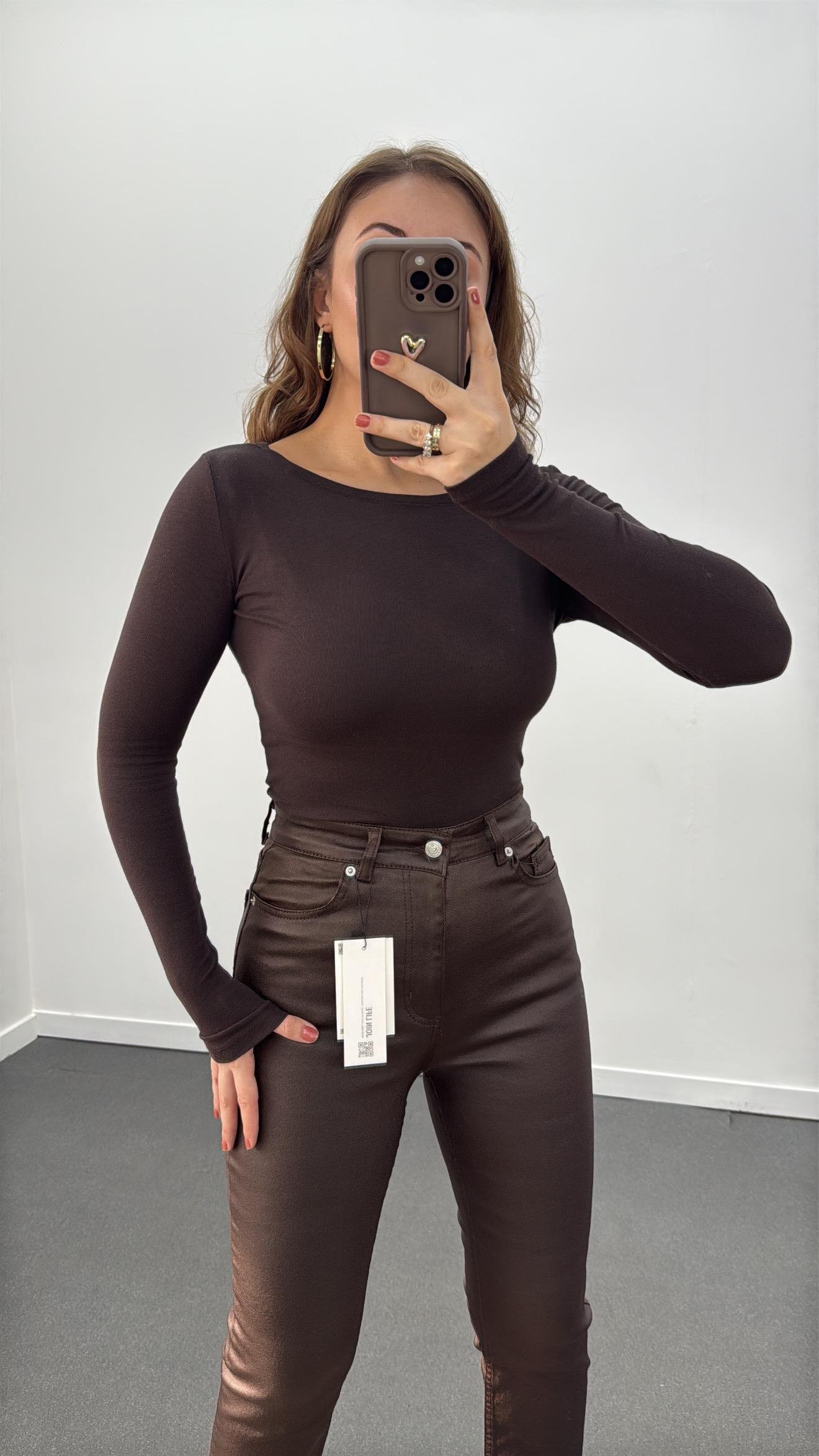 Ms Acı Kahve Modal Kumaşlı Yumuşak Likralı Kayık Yaka Body