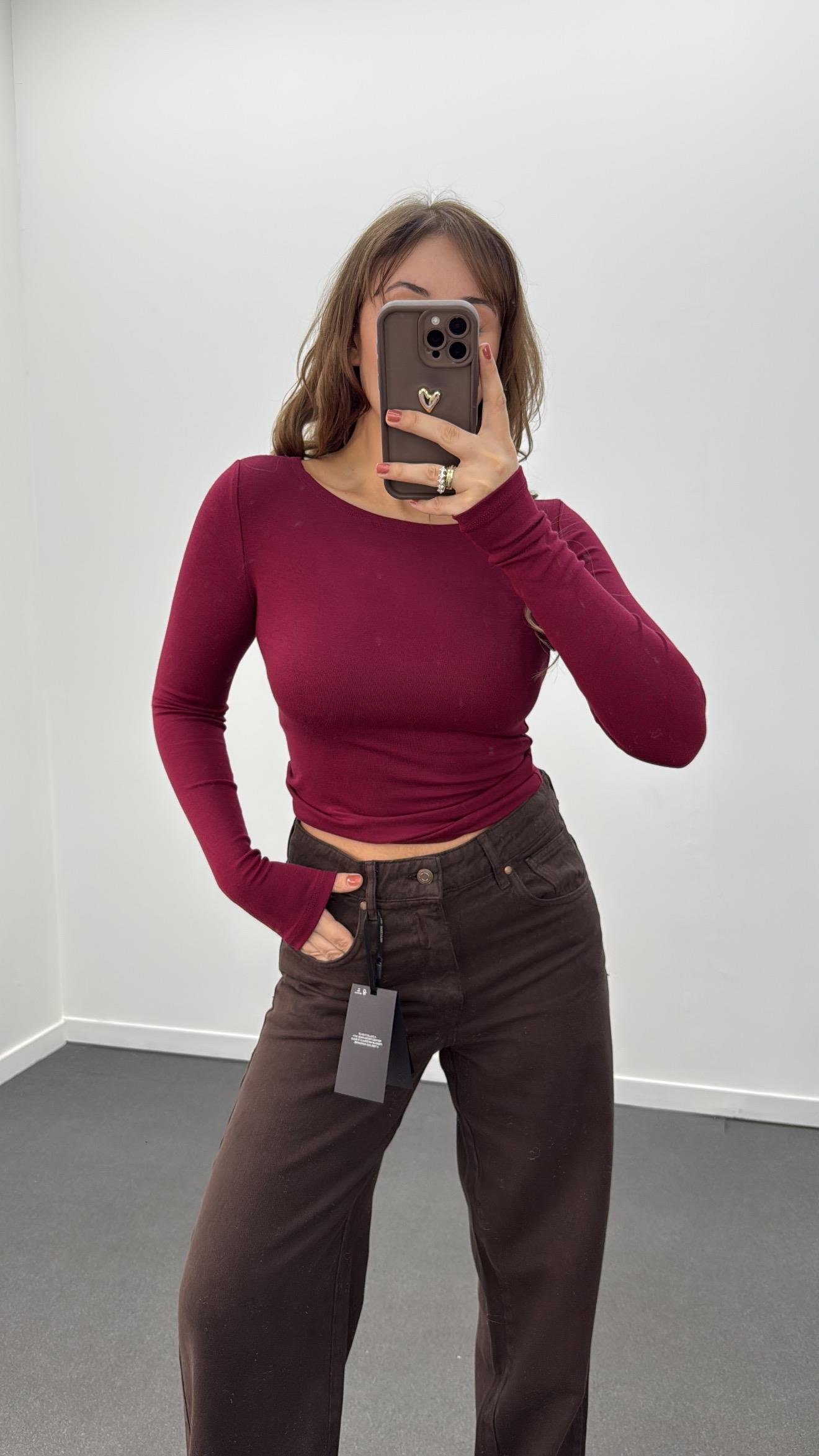 MS Bordo Modal Kumaşlı Yumuşak Likralı Kayık Yaka Body