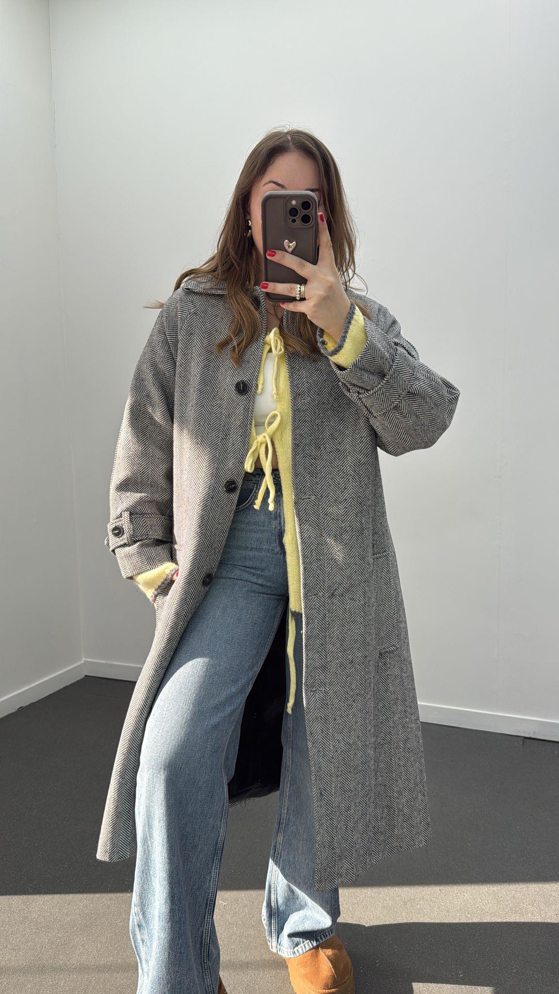 Ms Gri Çizgili Premium Uzun Kaban 