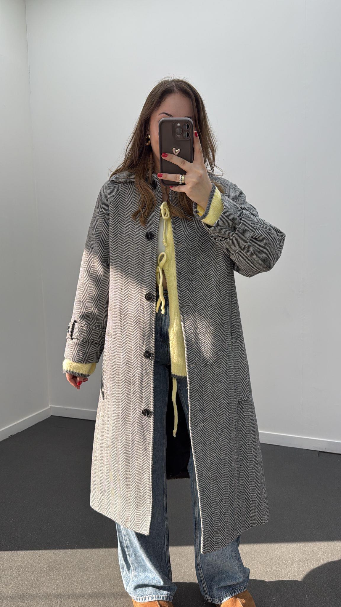 Ms Gri Çizgili Premium Uzun Kaban 