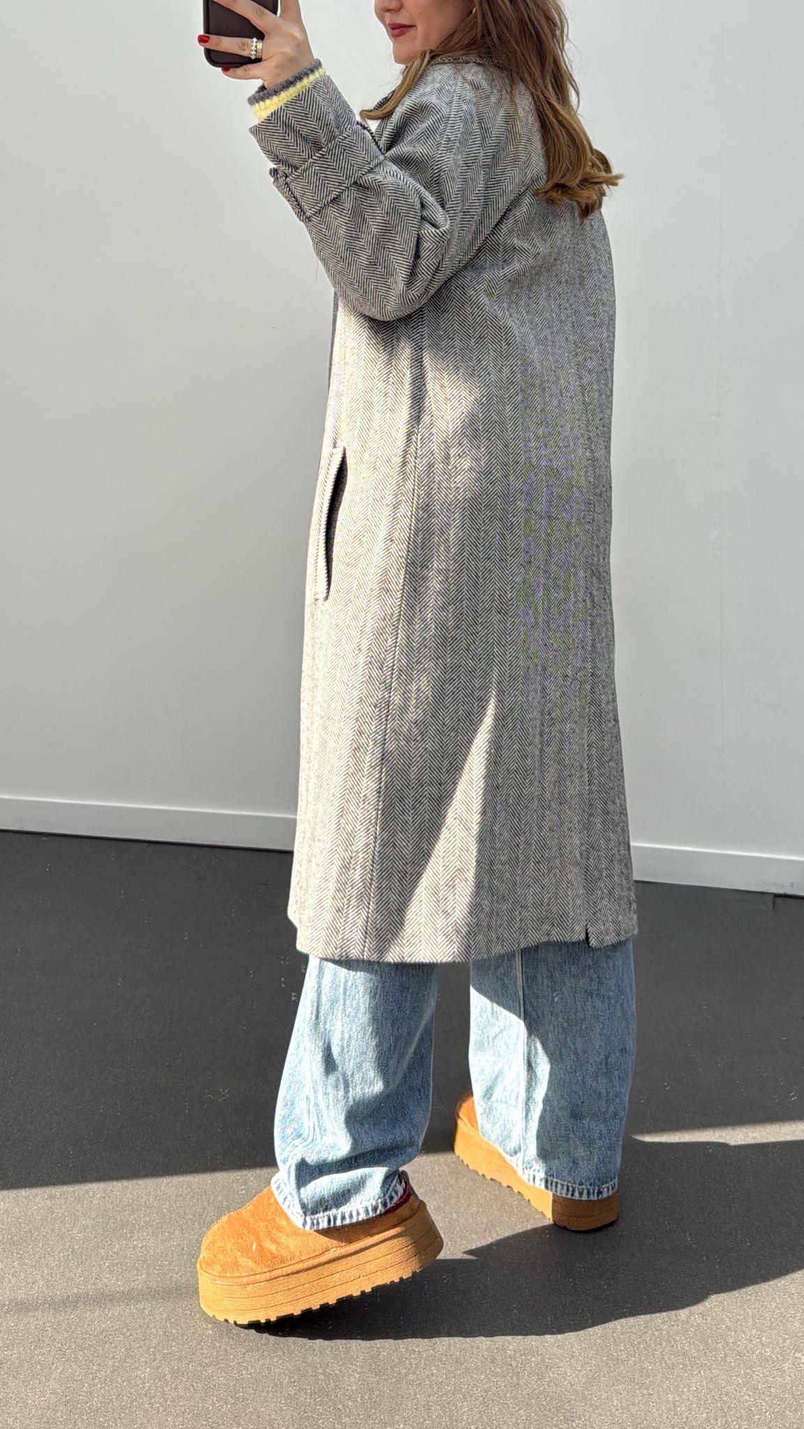 Ms Gri Çizgili Premium Uzun Kaban 