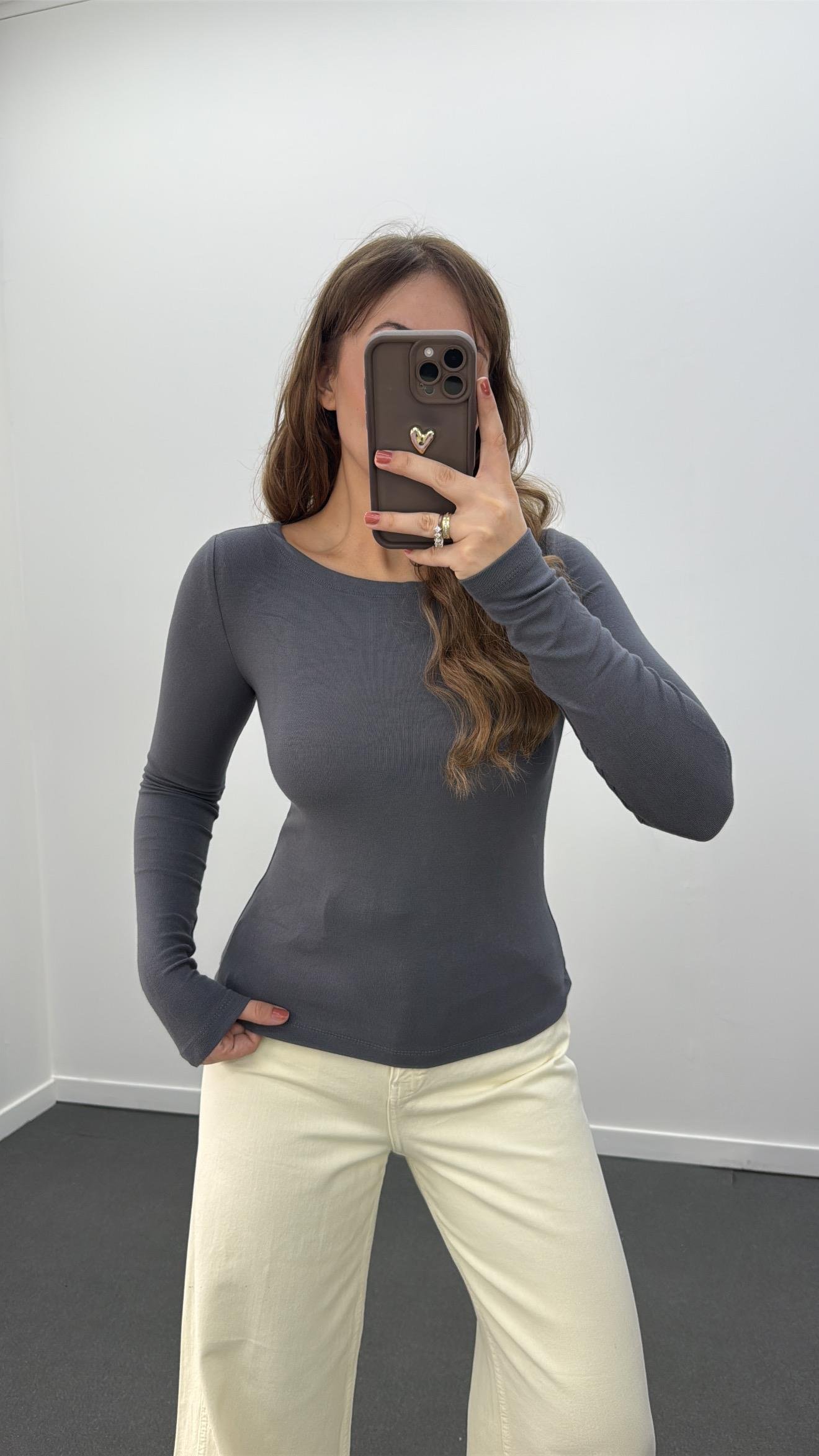 MS Gri Modal Kumaşlı Yumuşak Likralı Kayık Yaka Body