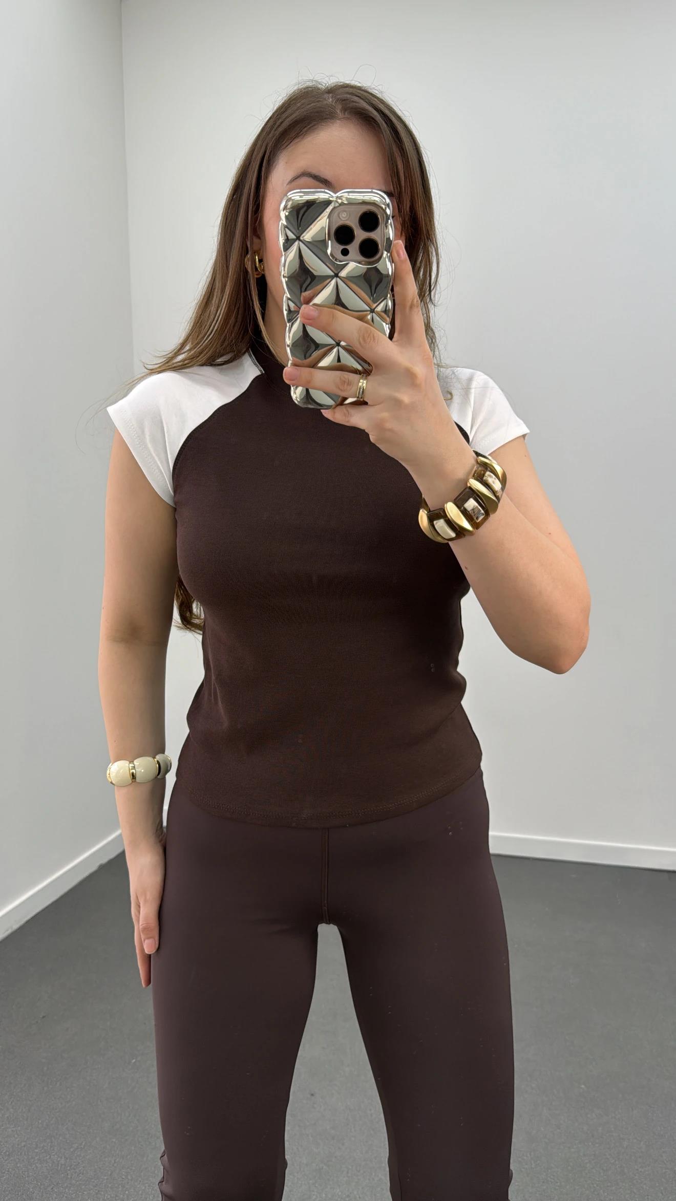 MS Kahve Reglan Kol %100 Pamuk Tshirt