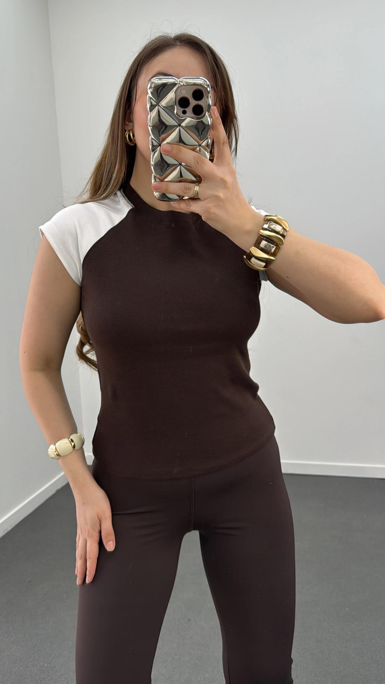 MS Kahve Reglan Kol %100 Pamuk Tshirt