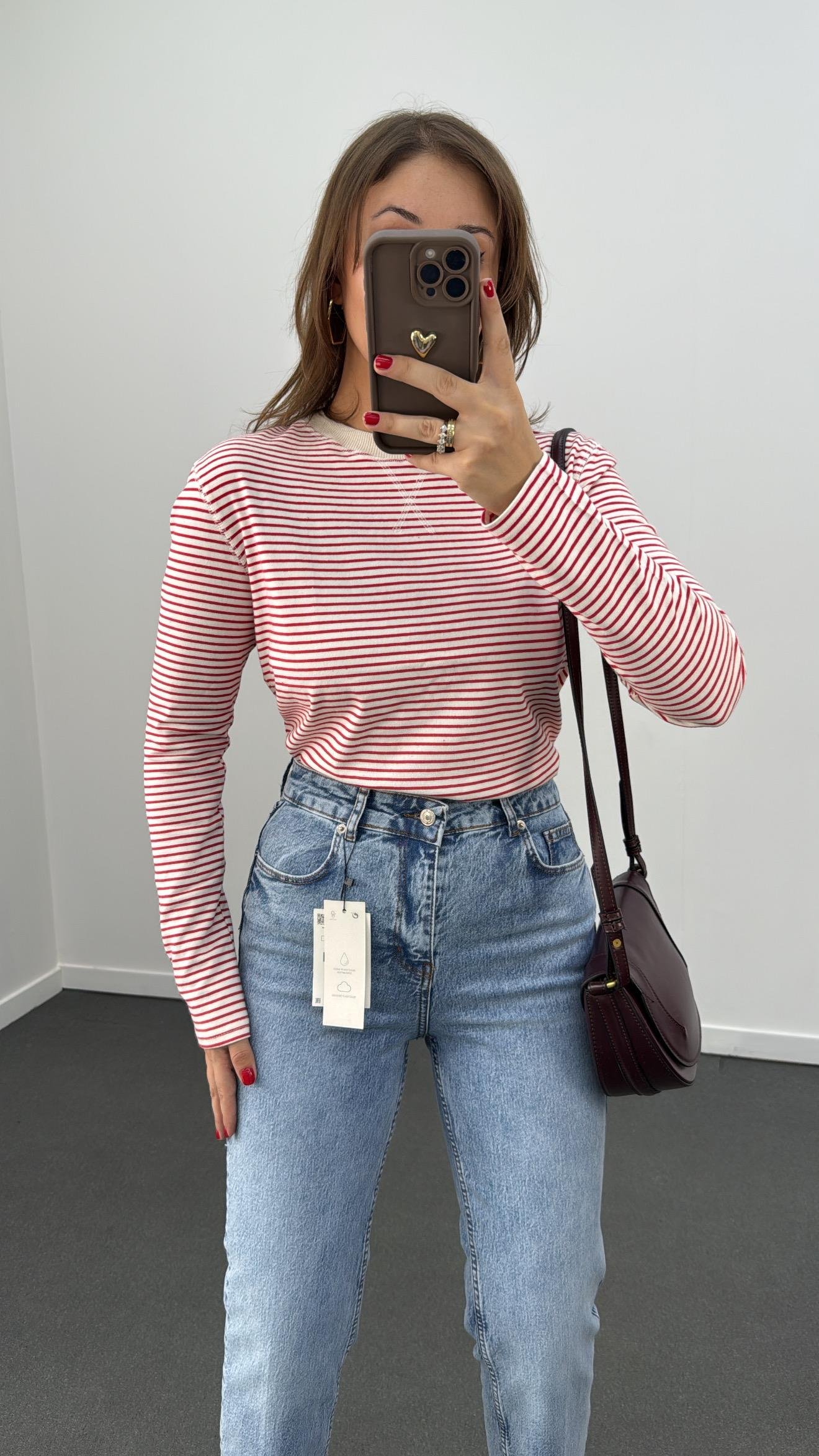 Ms Kırmızı-Beyaz Çizgili Basic Sweat