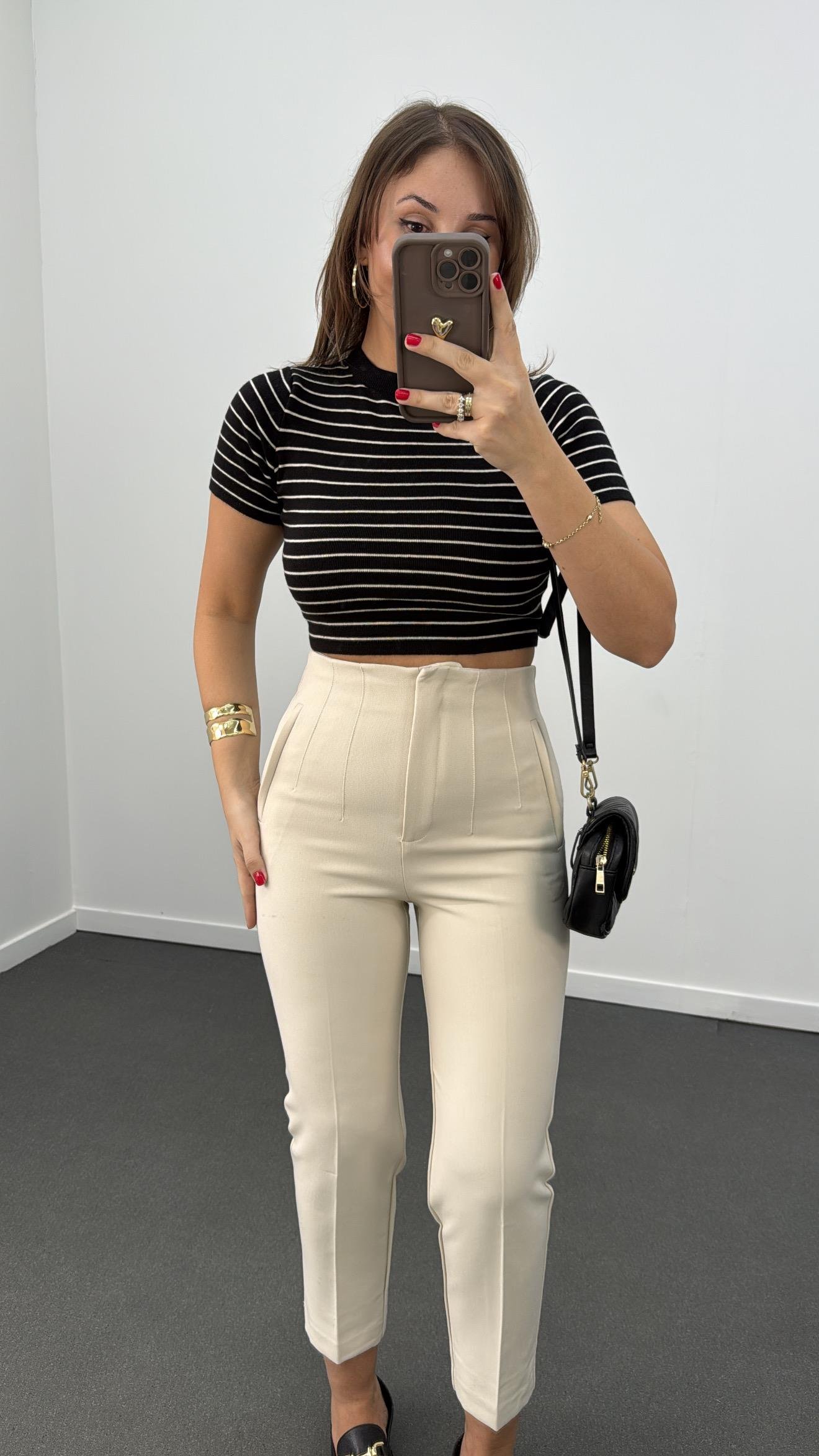 MS Krem Çizgili İnce Triko