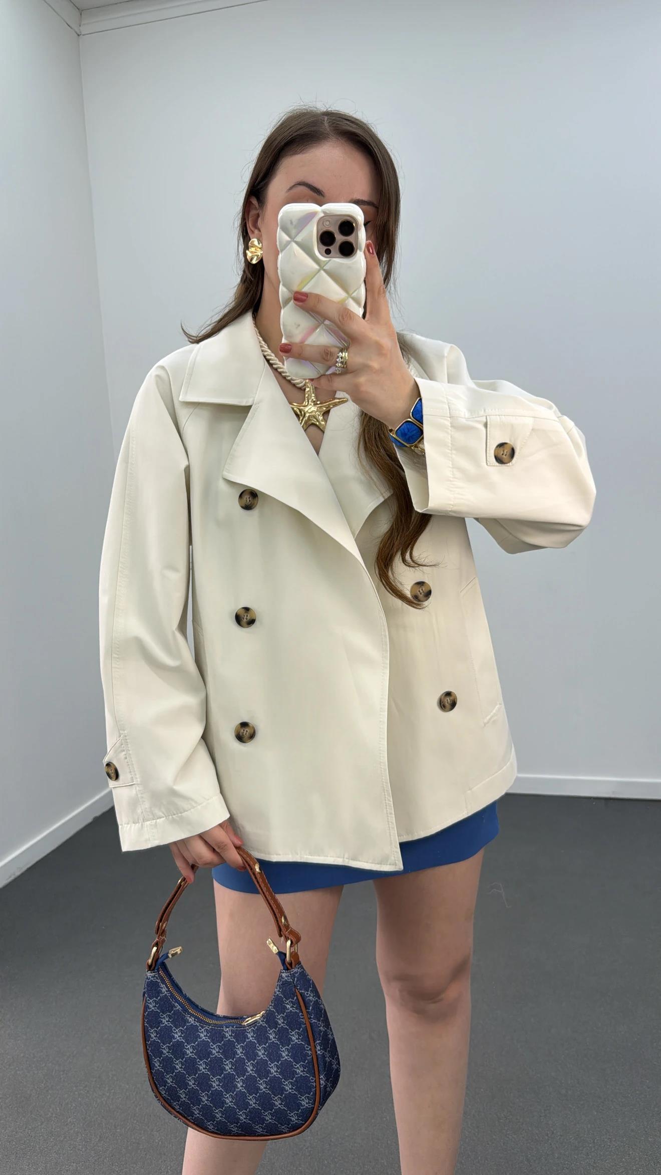 MS Krem Düğmeli Premium Trençkot