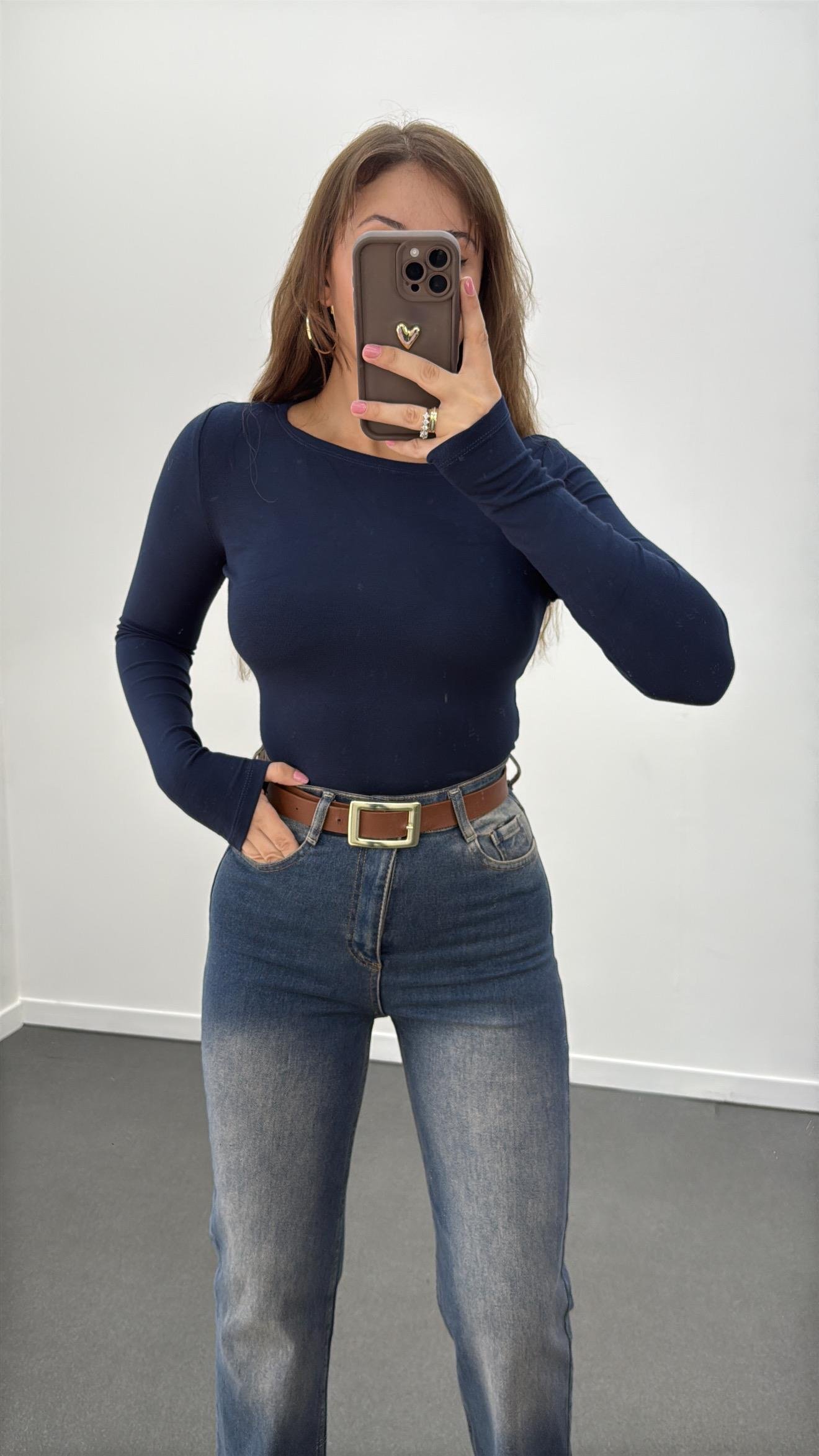 MS Lacivert Modal Kumaşlı Yumuşak Likralı Kayık Yaka Body