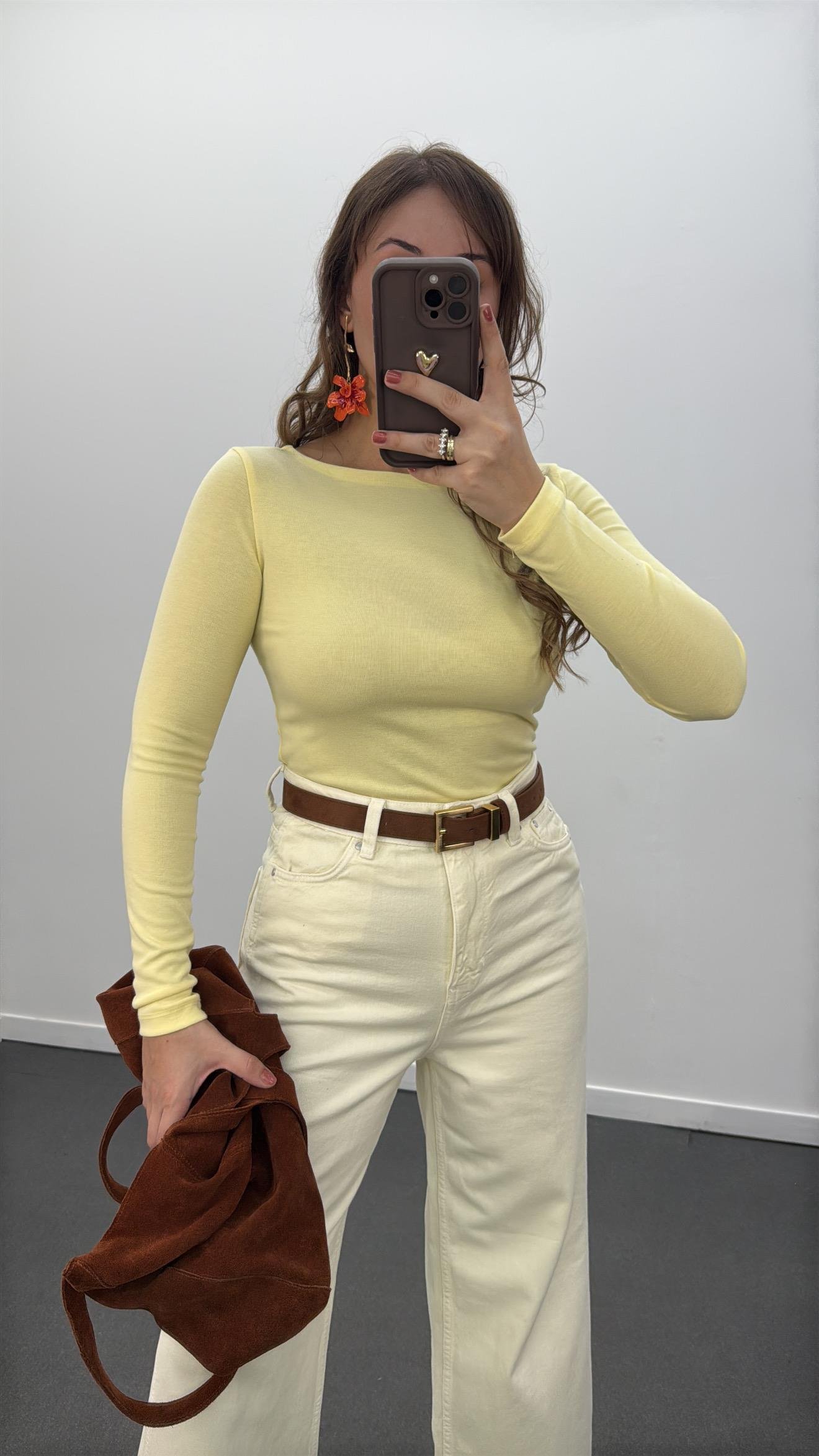 MS Sarı Modal Kumaşlı Yumuşak Likralı Kayık Yaka Body