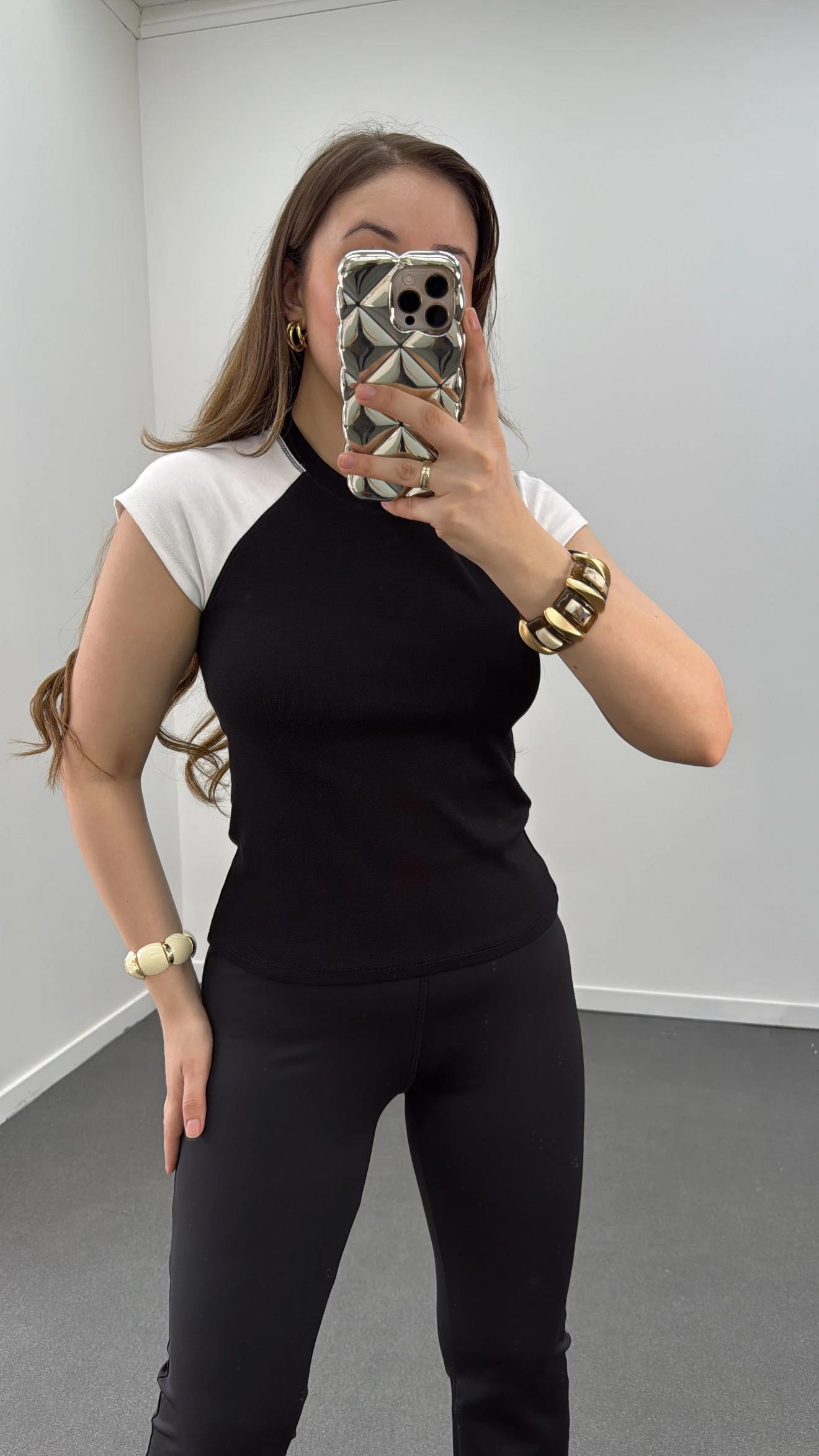 MS Siyah Reglan Kol %100 Pamuk Tshirt