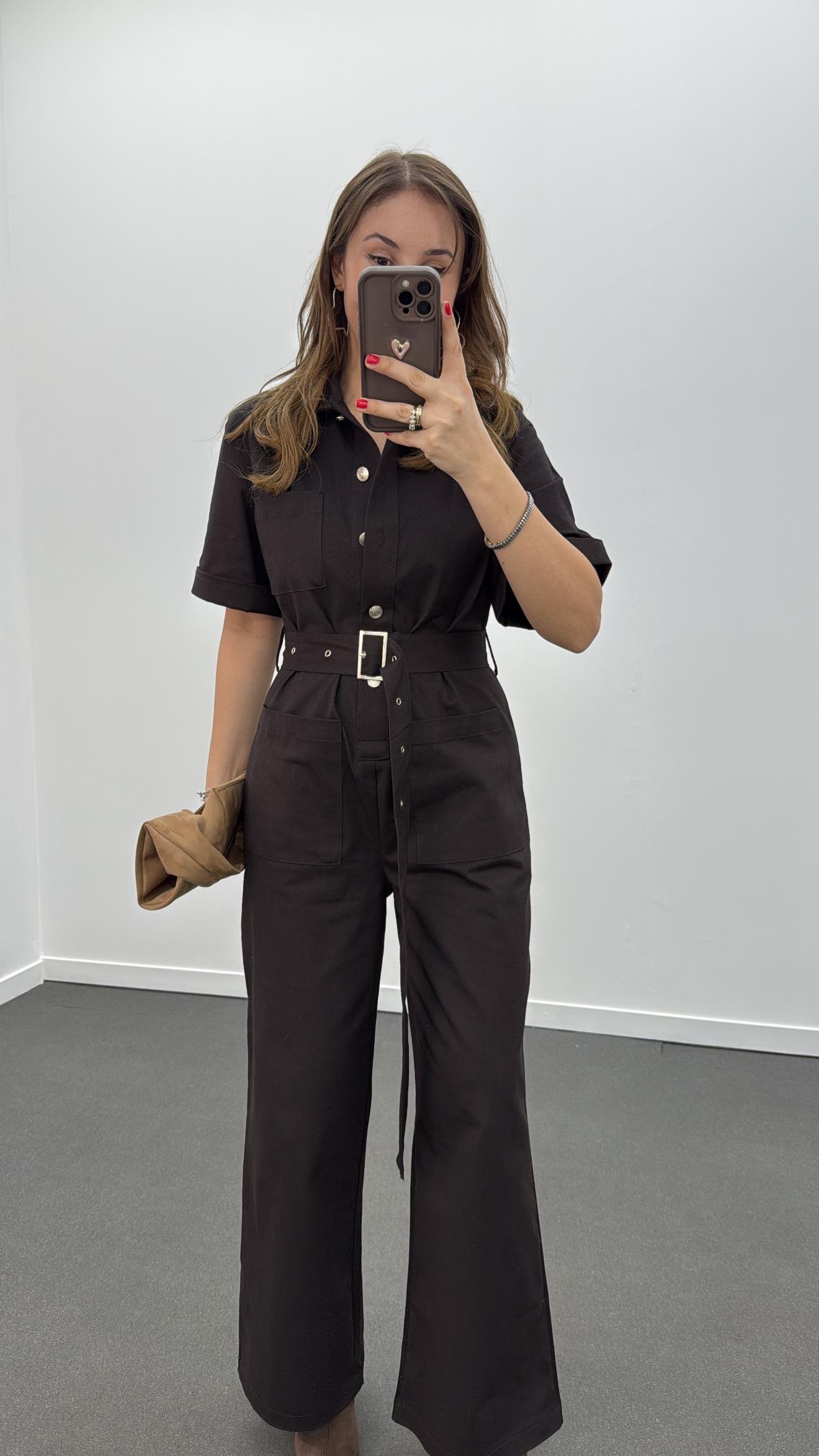 Muhika Acı Kahve Renk Kısa Kol Kemerli Tulum