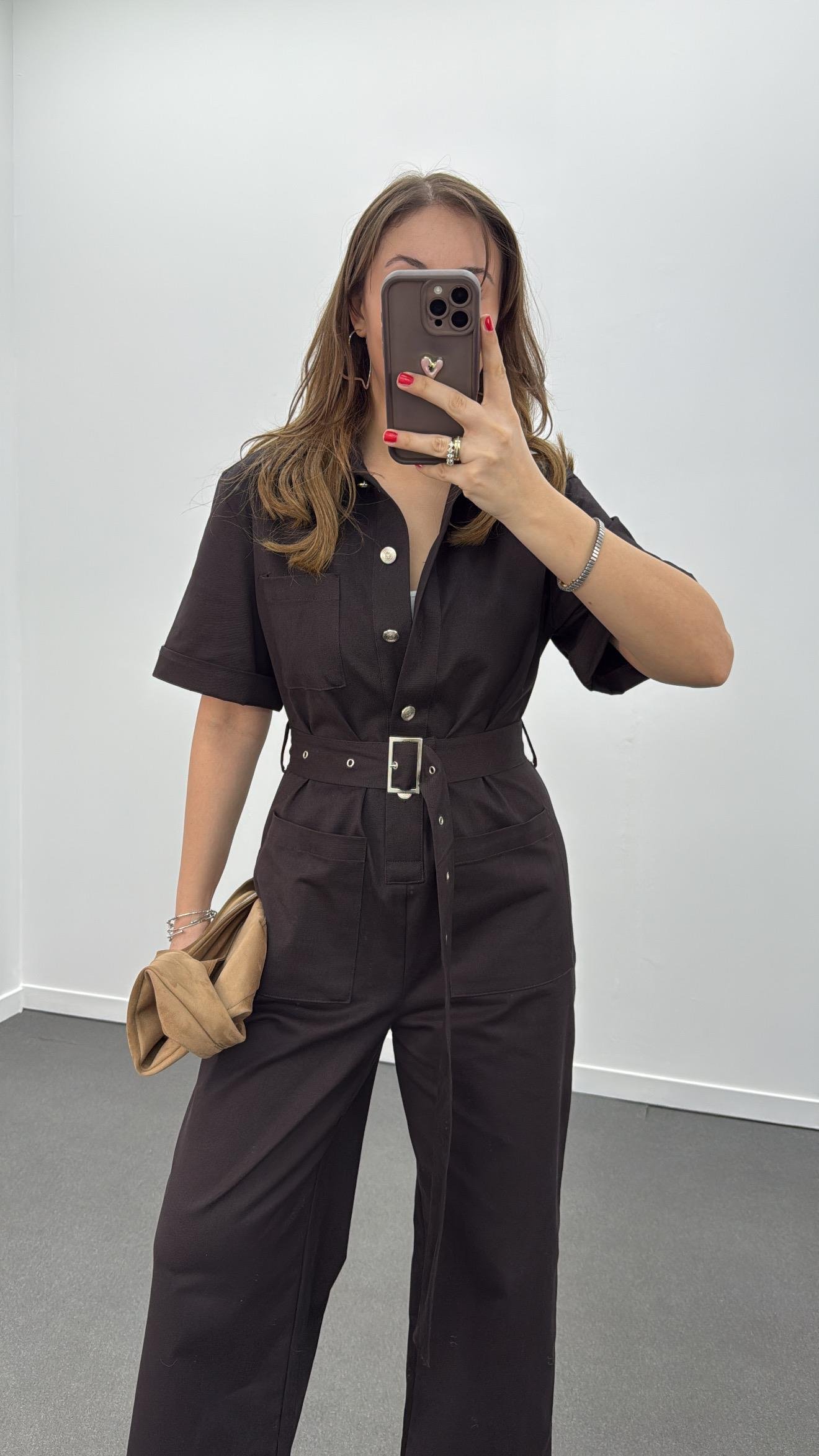 Muhika Acı Kahve Renk Kısa Kol Kemerli Tulum